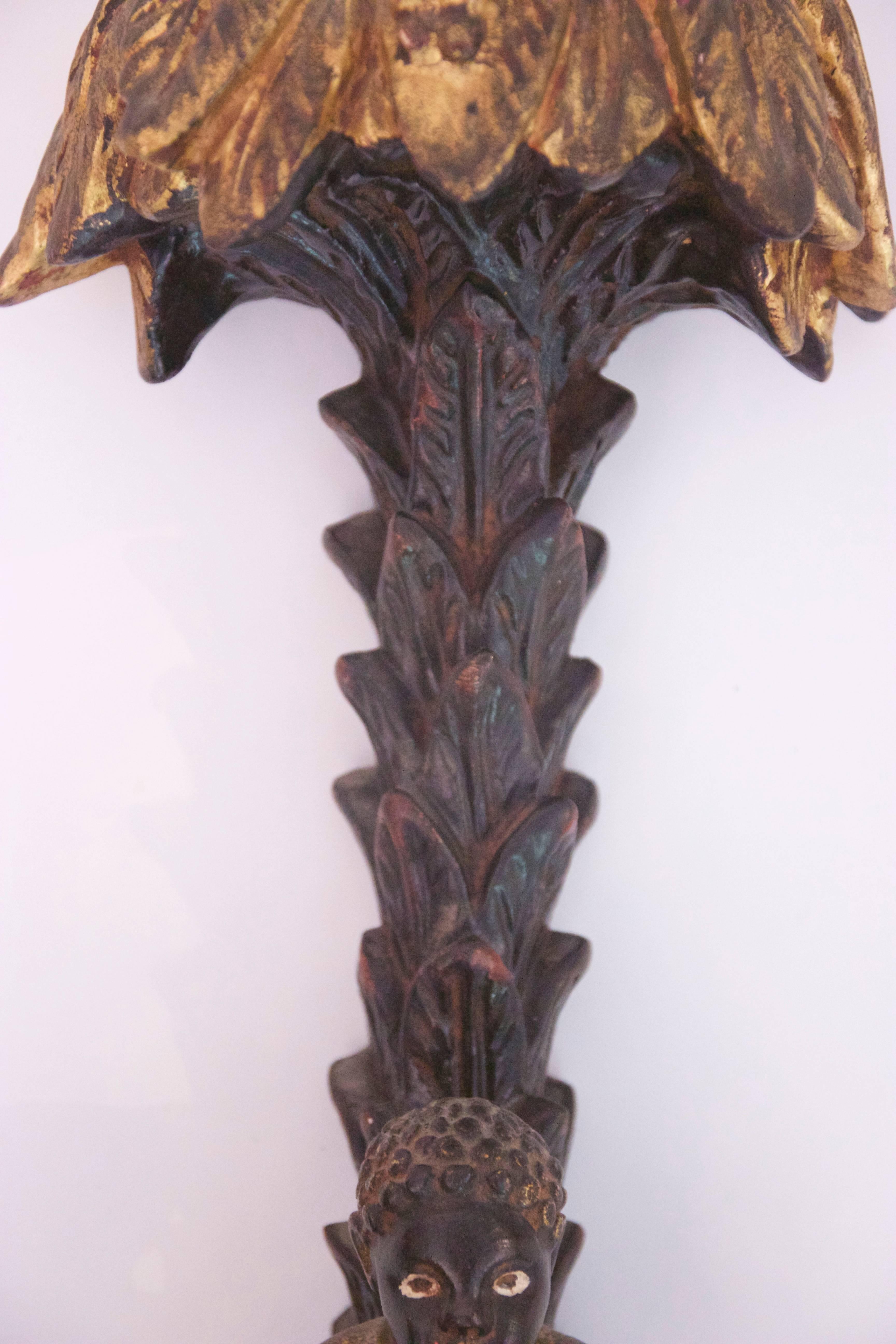 French Pair of Applique Palms, Wood Carved Painted and Gilded Iron, circa 1960, France