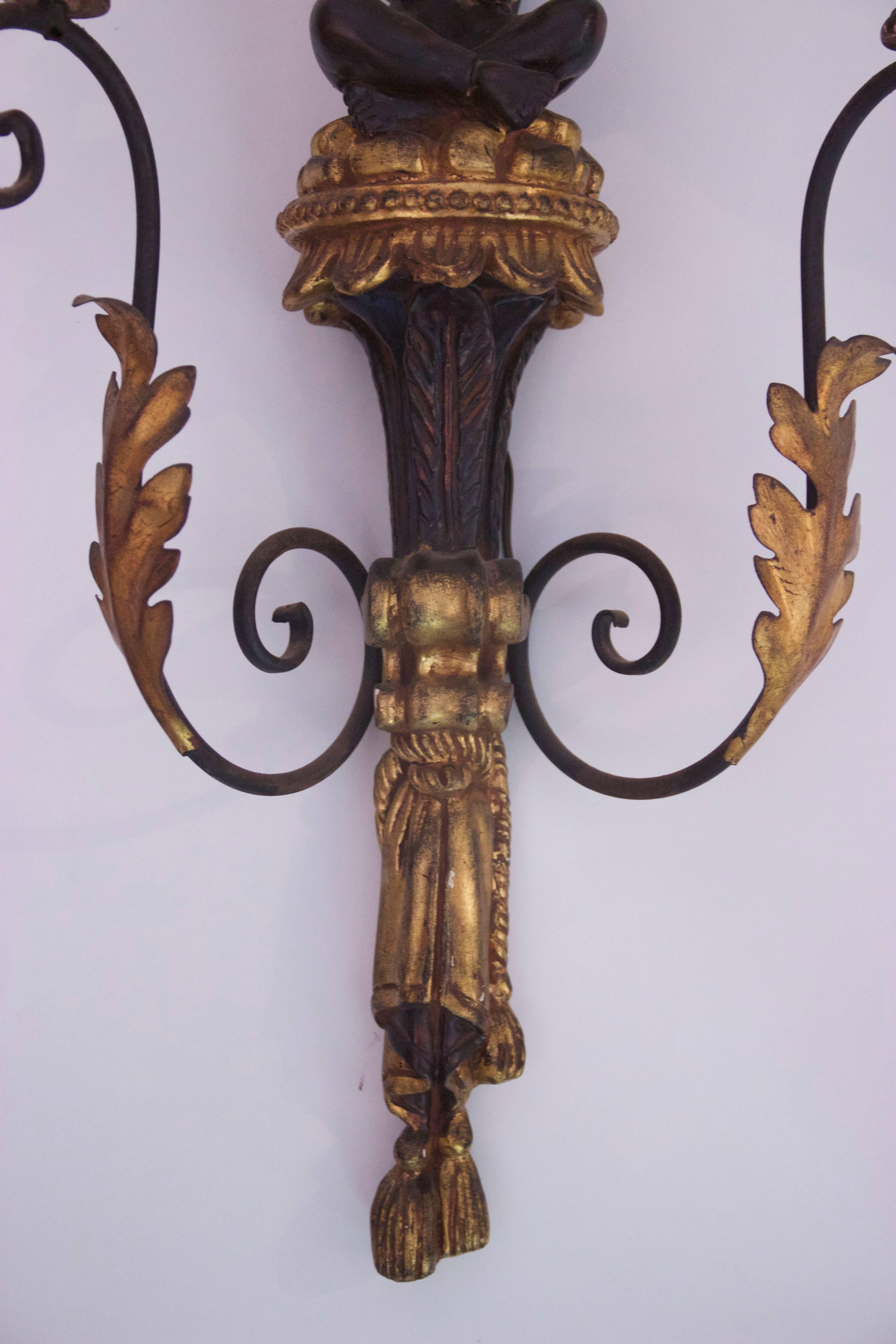 Mid-20th Century Pair of Applique Palms, Wood Carved Painted and Gilded Iron, circa 1960, France