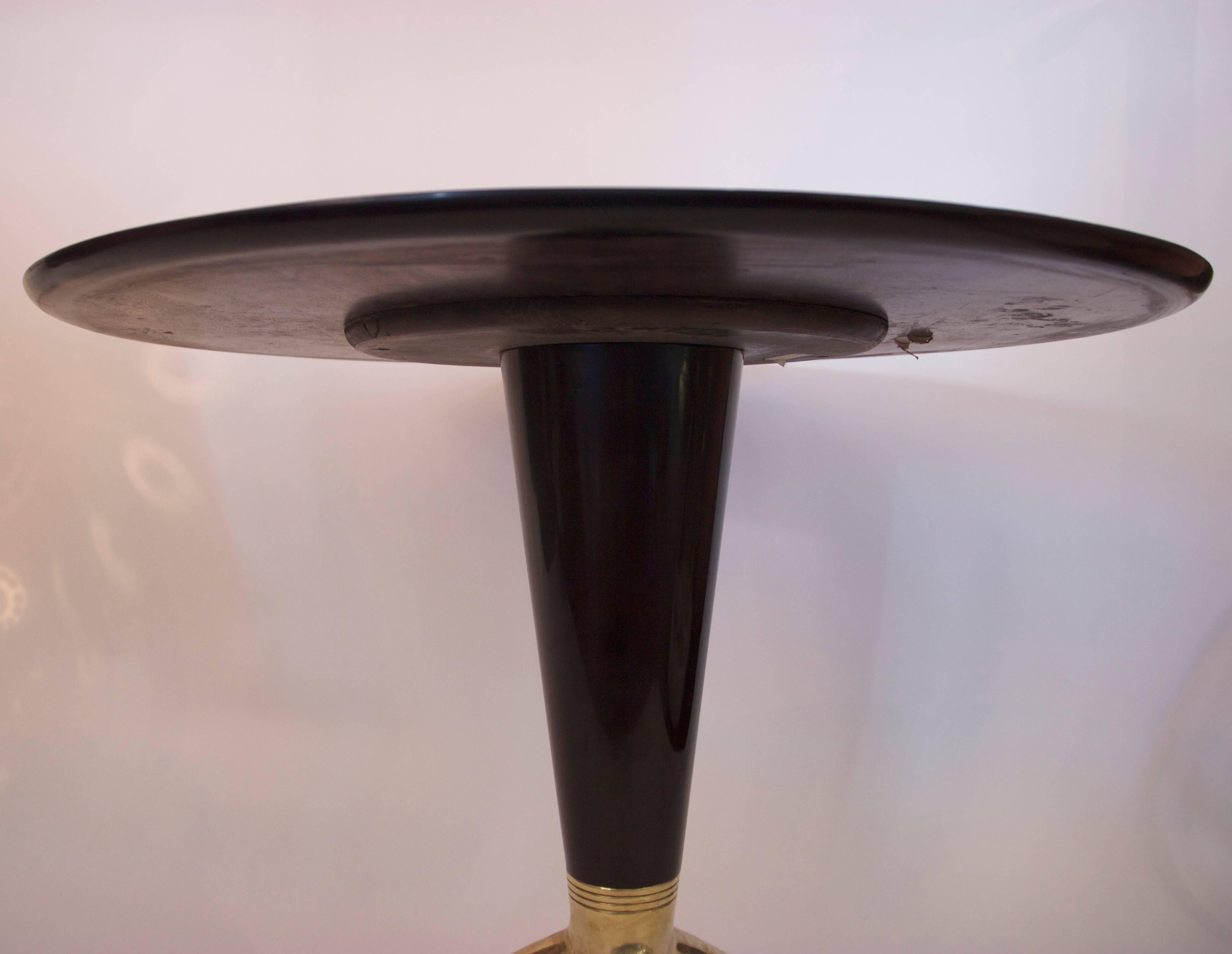 Italian Pedestal Table in the Style of Gio Ponti, Black Lacquered Wood and Gilded Bronze