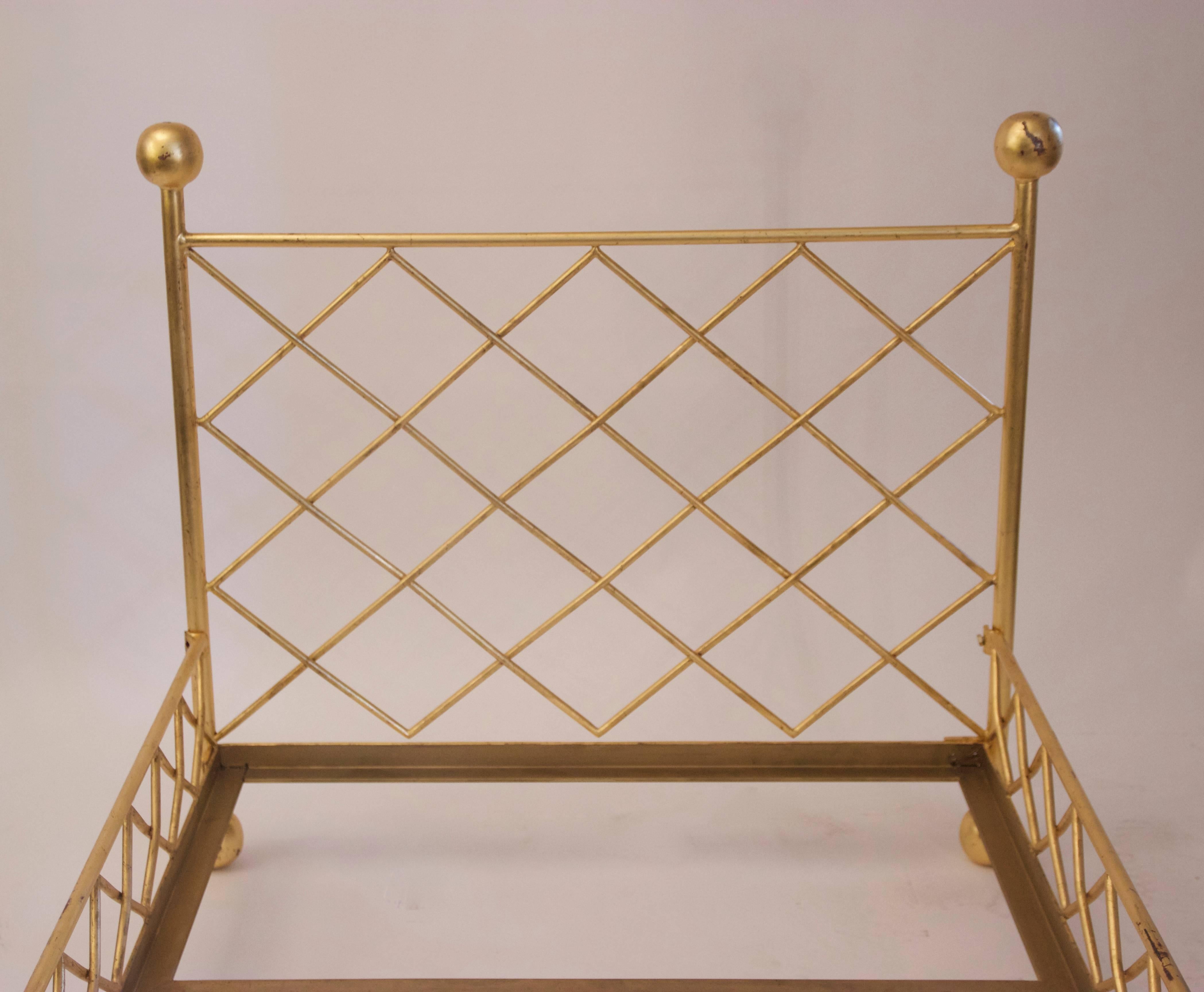 French Style Jean Royère, Pair of Beds, Gilded Metal with Braces, circa 2000, France