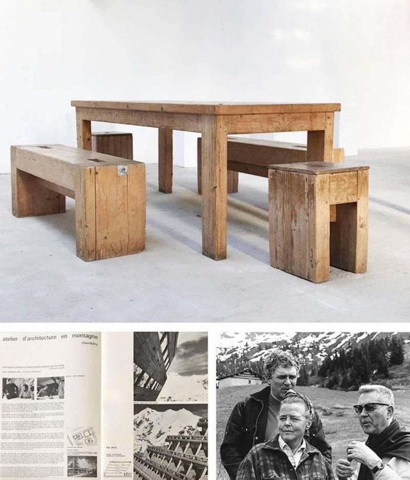 Table de salle à manger Jean Prouv avec Guy Rey-Millet, bois, Refuge de la Vanoise 2