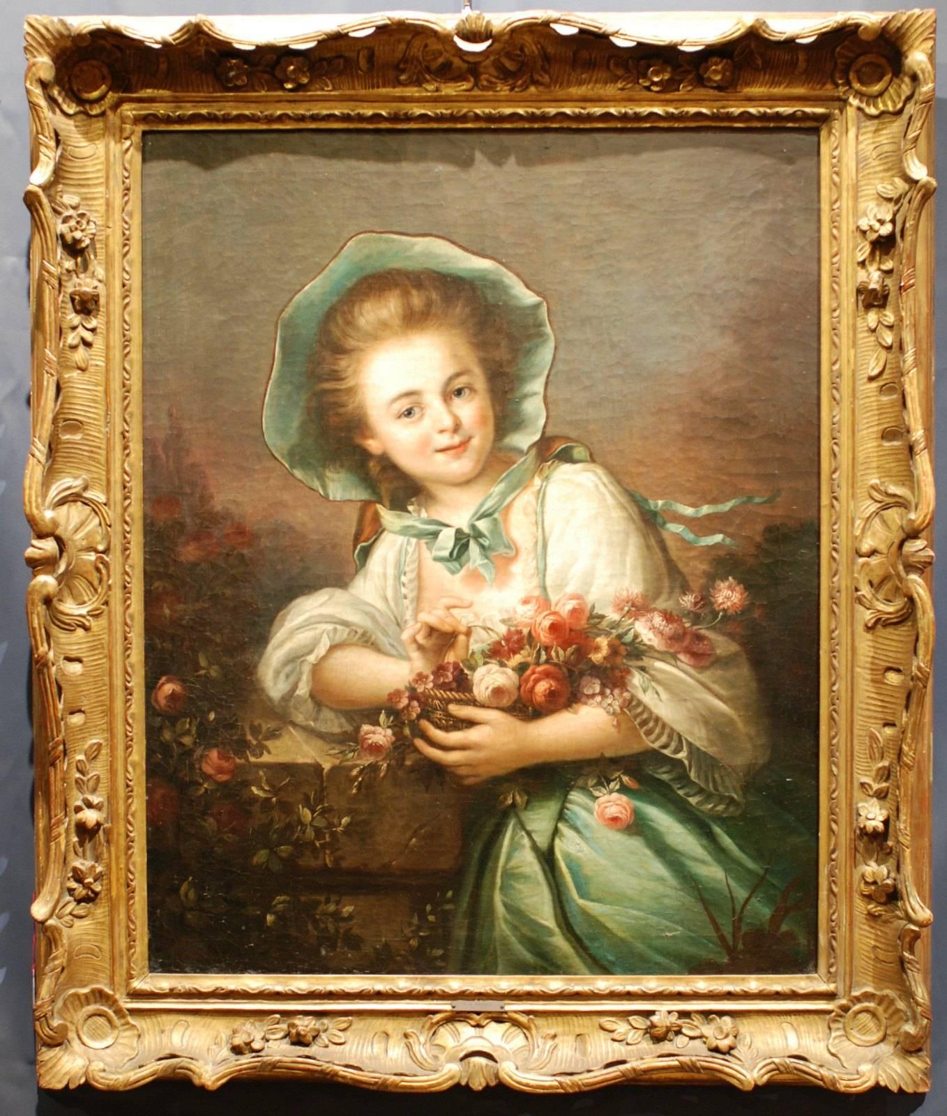 Young girl holding flowers in her arms in a basket. Painting on canvas.
French School late 18th century. According Drouais. Frame is late 19th century.
François-Hubert Drouais 1727-1775. (Painting 80 x 65 cm).