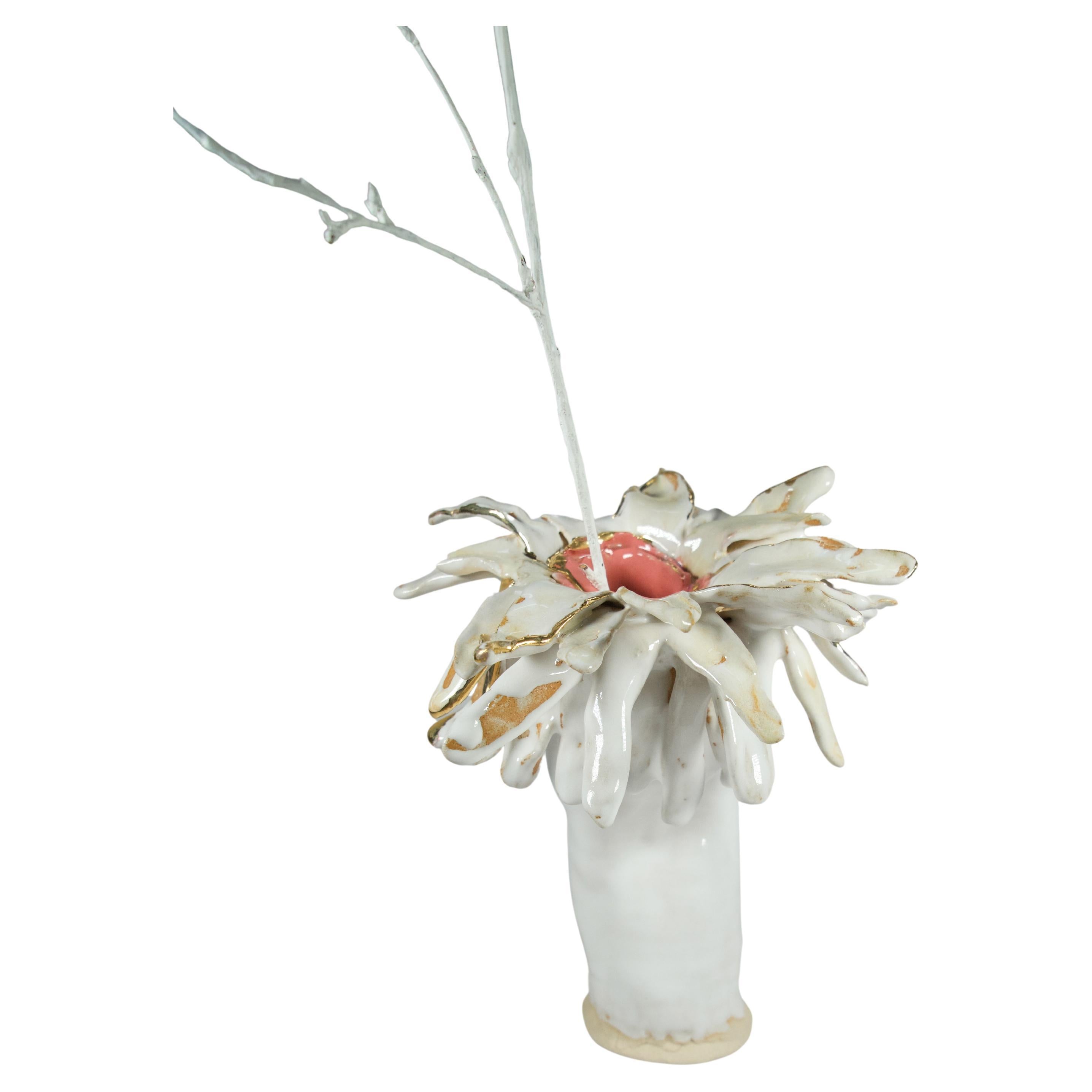 Art Nouveau Inspired Floral White Stoneware Vase by artist designer Hania Jneid