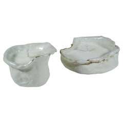 White and Gold lustred Modern Organic Shape Paper Porcelain Candle Holder DUO