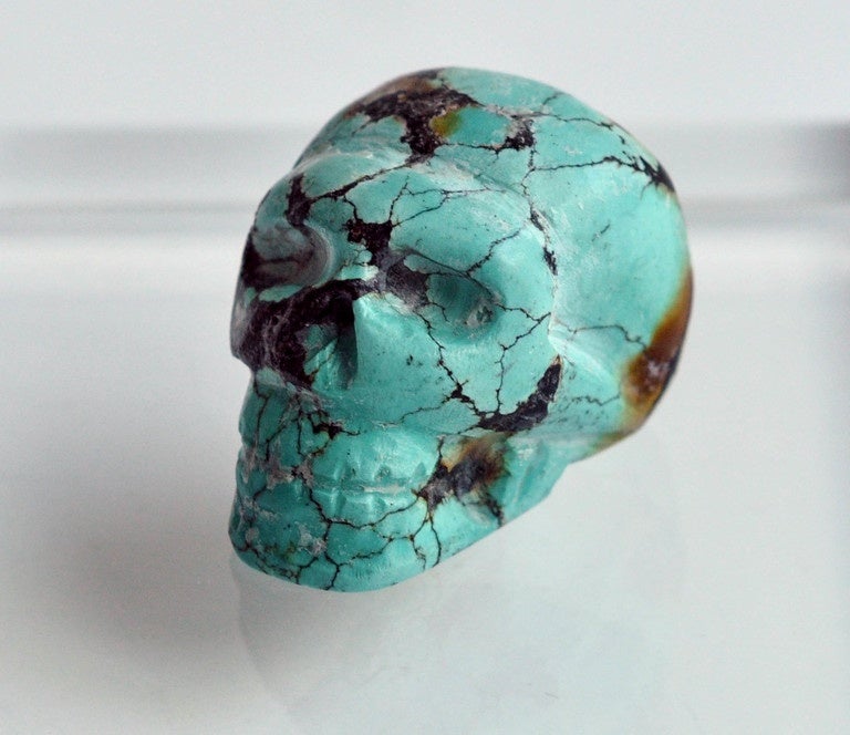 American 1980s Small Carved Turquoise Matrix Skull