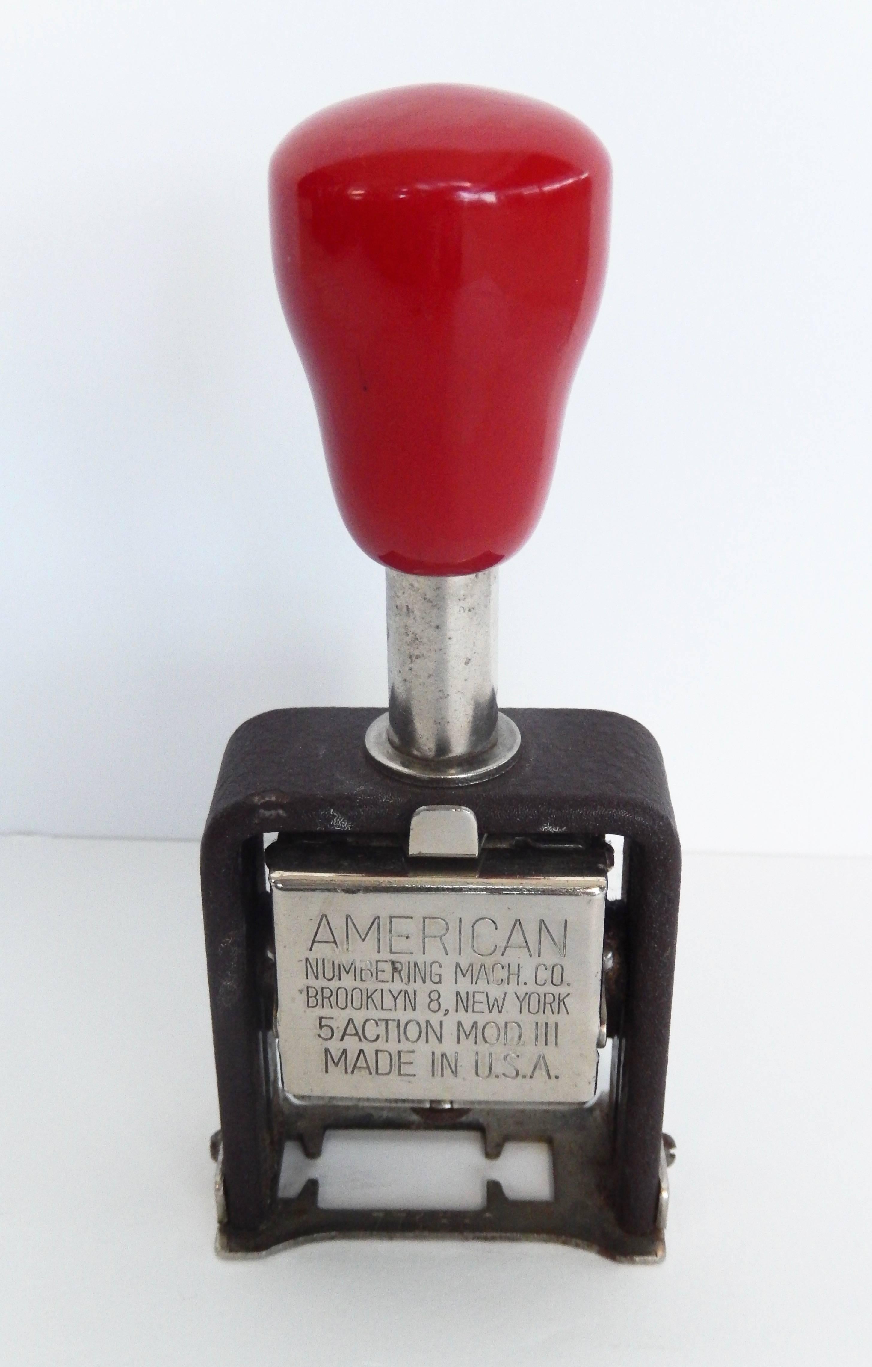 Machine Age American Art Deco/Red Handled Industrial Vintage Numbering Machine For Sale