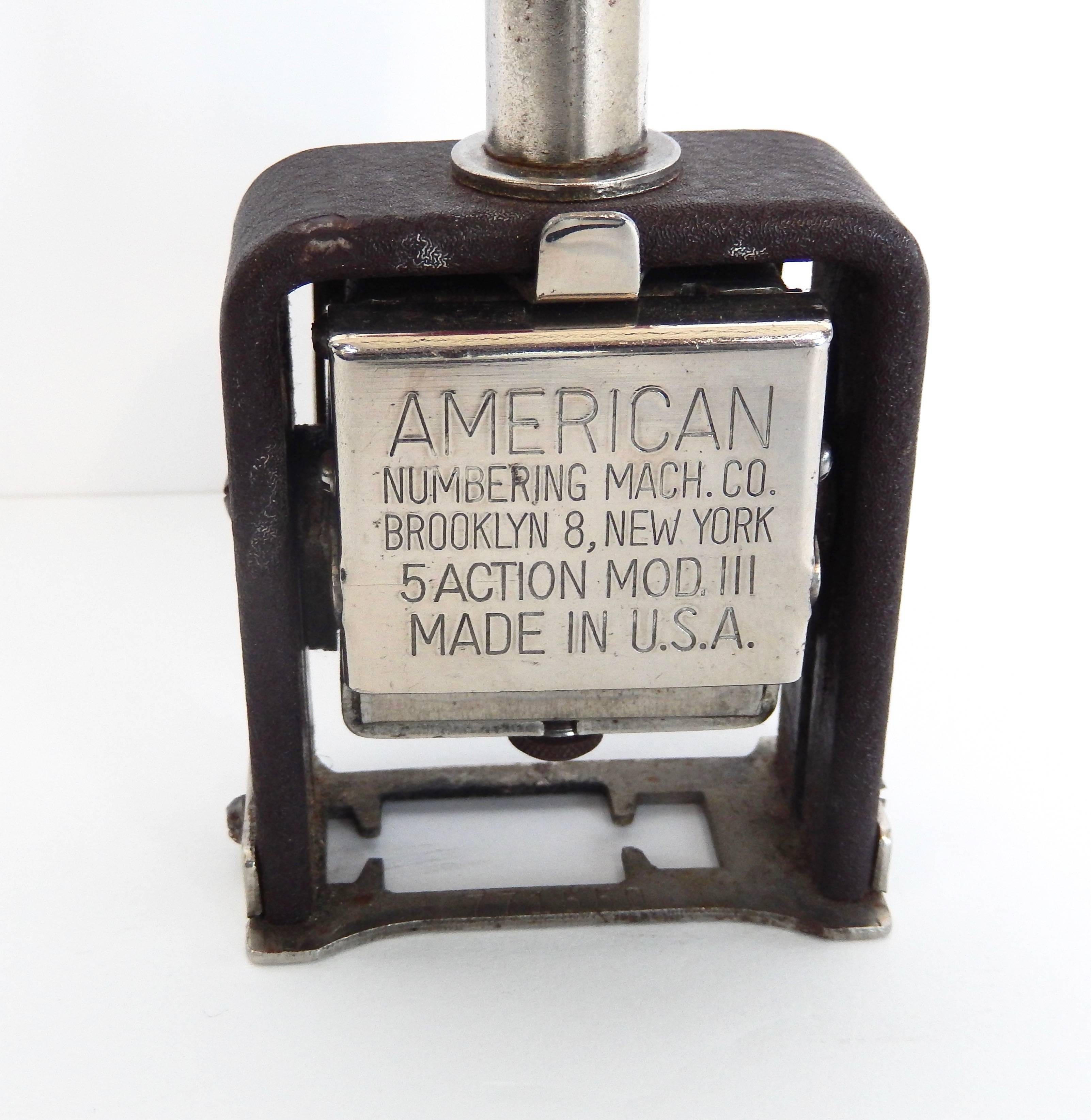 This vintage numbering stamp, with a striking red handle, is an interesting example of Art Deco design in commercial products. A nostalgic reminder of life before computers. Made by the American Numbering Machine Company in Brooklyn.