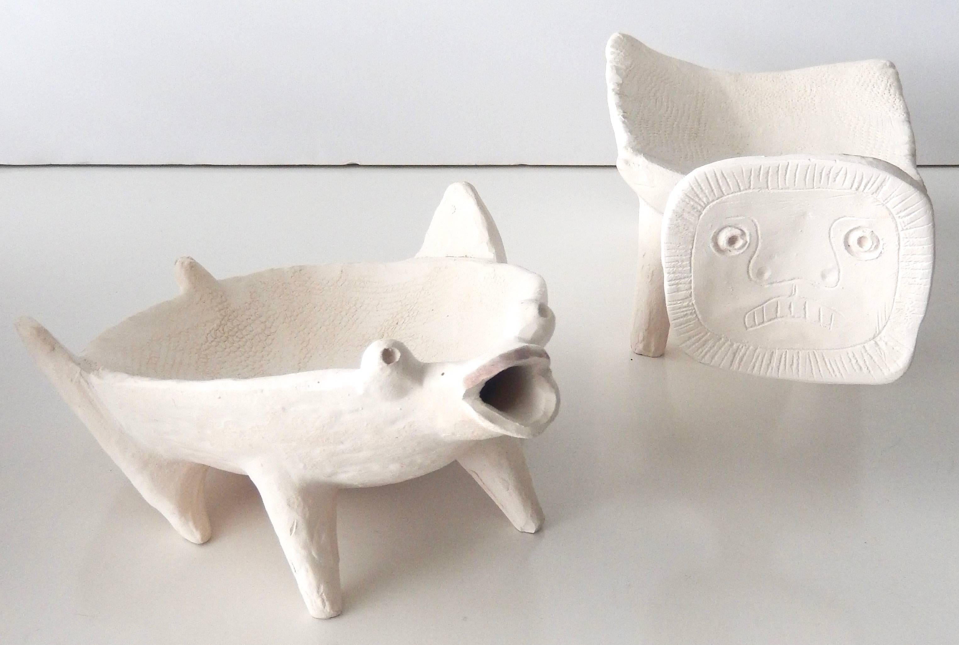 Two stylized animal dishes in biscuit ceramic by the French artist 
Jacques Blin (1920-1995). (Biscuit refers to ceramics that are fired but not glazed.) The zoomorphic forms are imaginative and charming and reflect Blin's interest in simplified