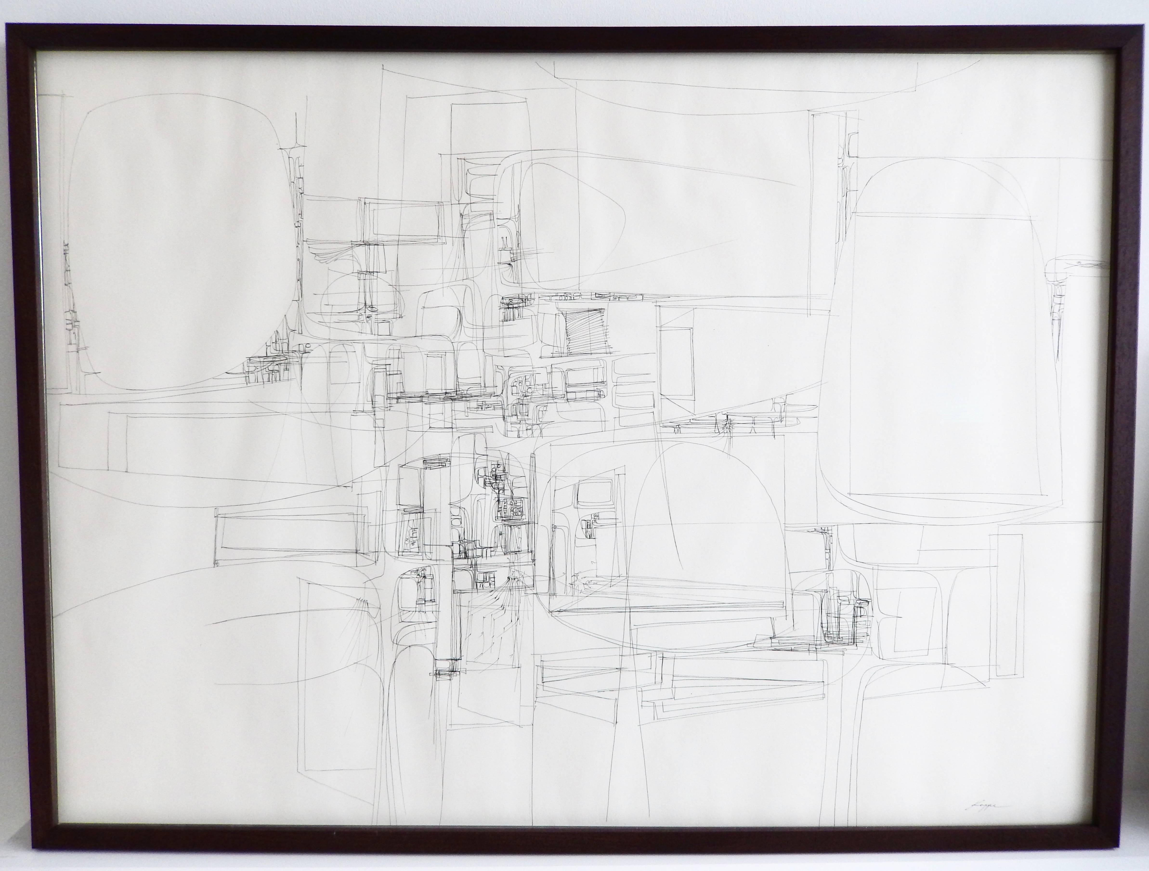 A large, intricate ink drawing resembling a stylized architectural rendering by American modernist Richard Koppe (1916-1973). A multi-talented artist, Koppe was a painter, sculptor, muralist, designer and educator. Throughout his career Koppe