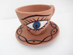 Jean Cocteau, "La Dame Etonnee, " Terra Cotta Cup and Saucer, 1958