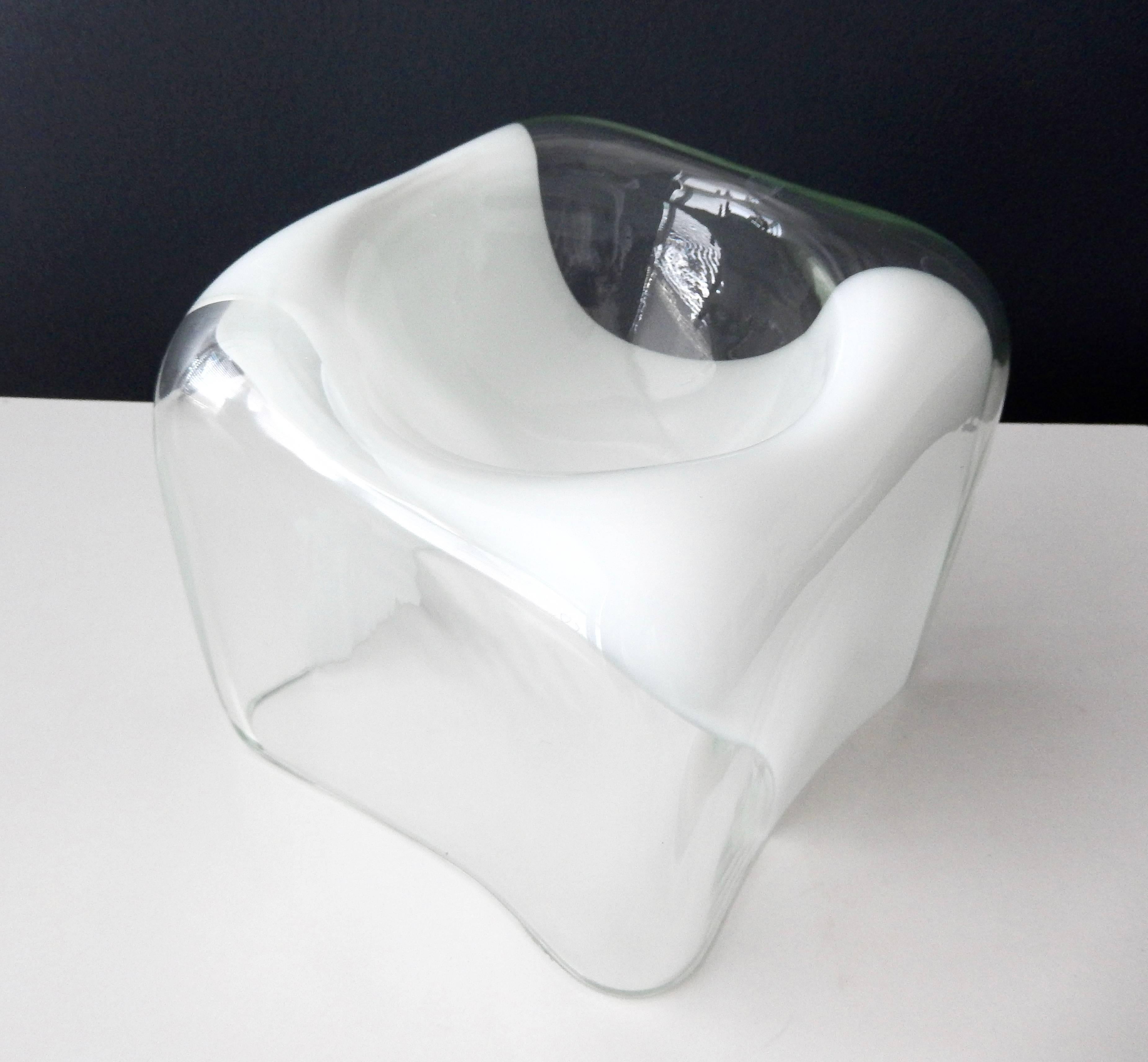 Modern 1970s Italian Glass Bowl with White Band by Carlo Nason for Mazzega For Sale