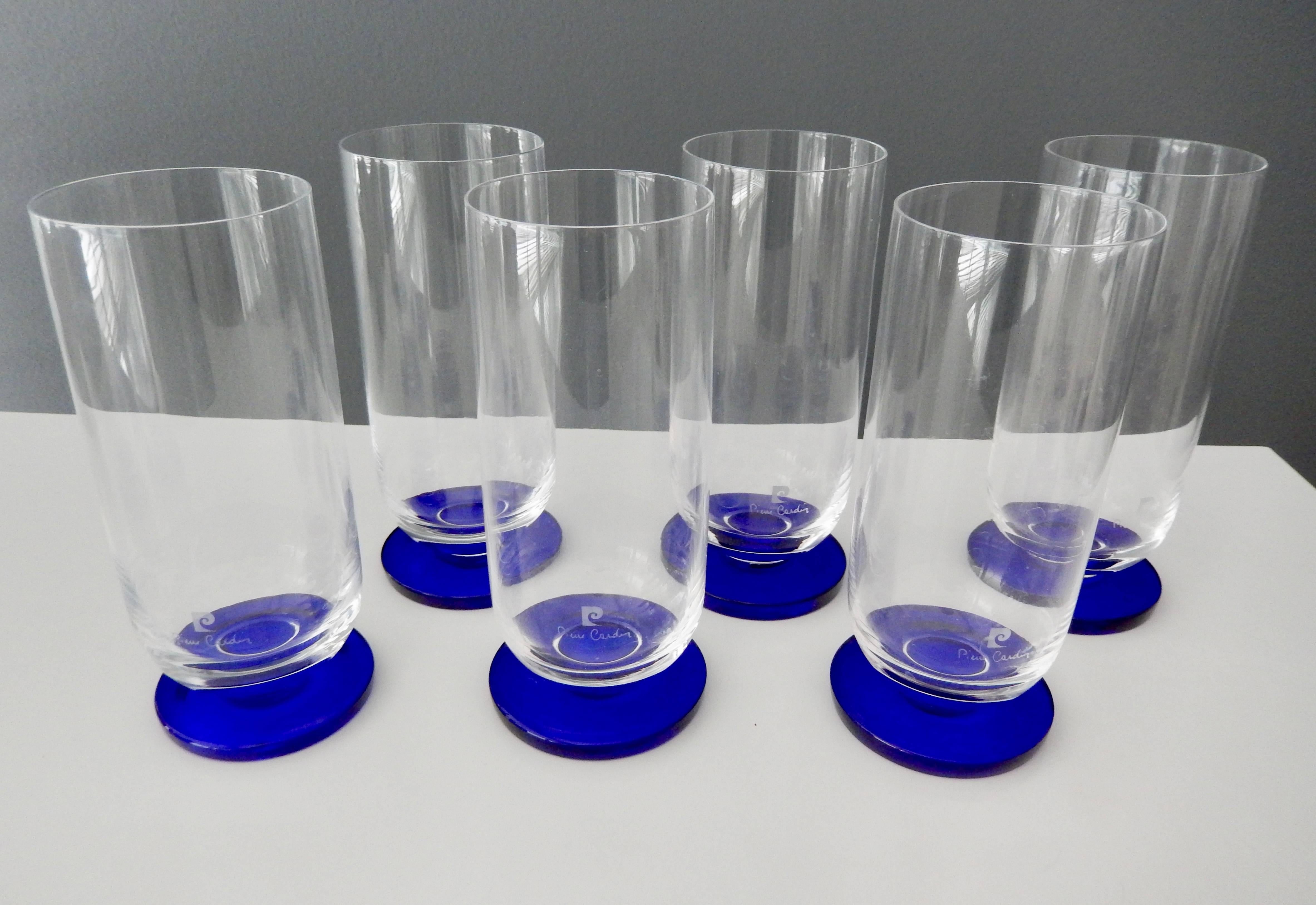 A rare set of six glass tumblers by Pierre Cardin. The combination of clear and French blue glass is striking. Etched signature and logo. 

Reference: See p. 193 in Pierre Cardin Evolution by Benjamin Loyaute for a similar glass design.