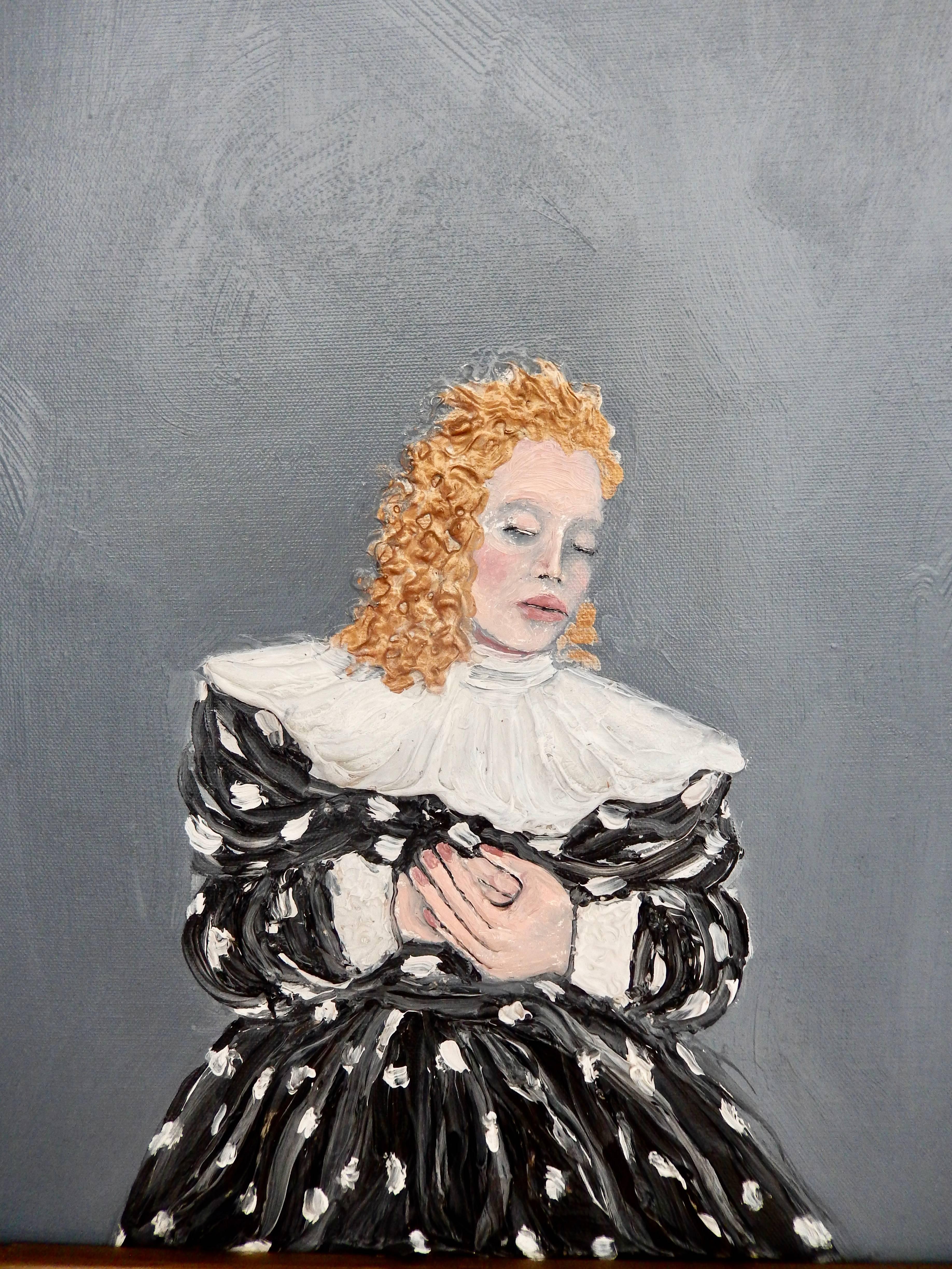 An intimate oil painting by Nicholas Africano (B. 1948) from 1982 titled "Minnie." Minnie refers to a character in Puccini's opera, La Fanciulla del West (The Girl of the Golden West) who was the owner of a saloon with whom all the male