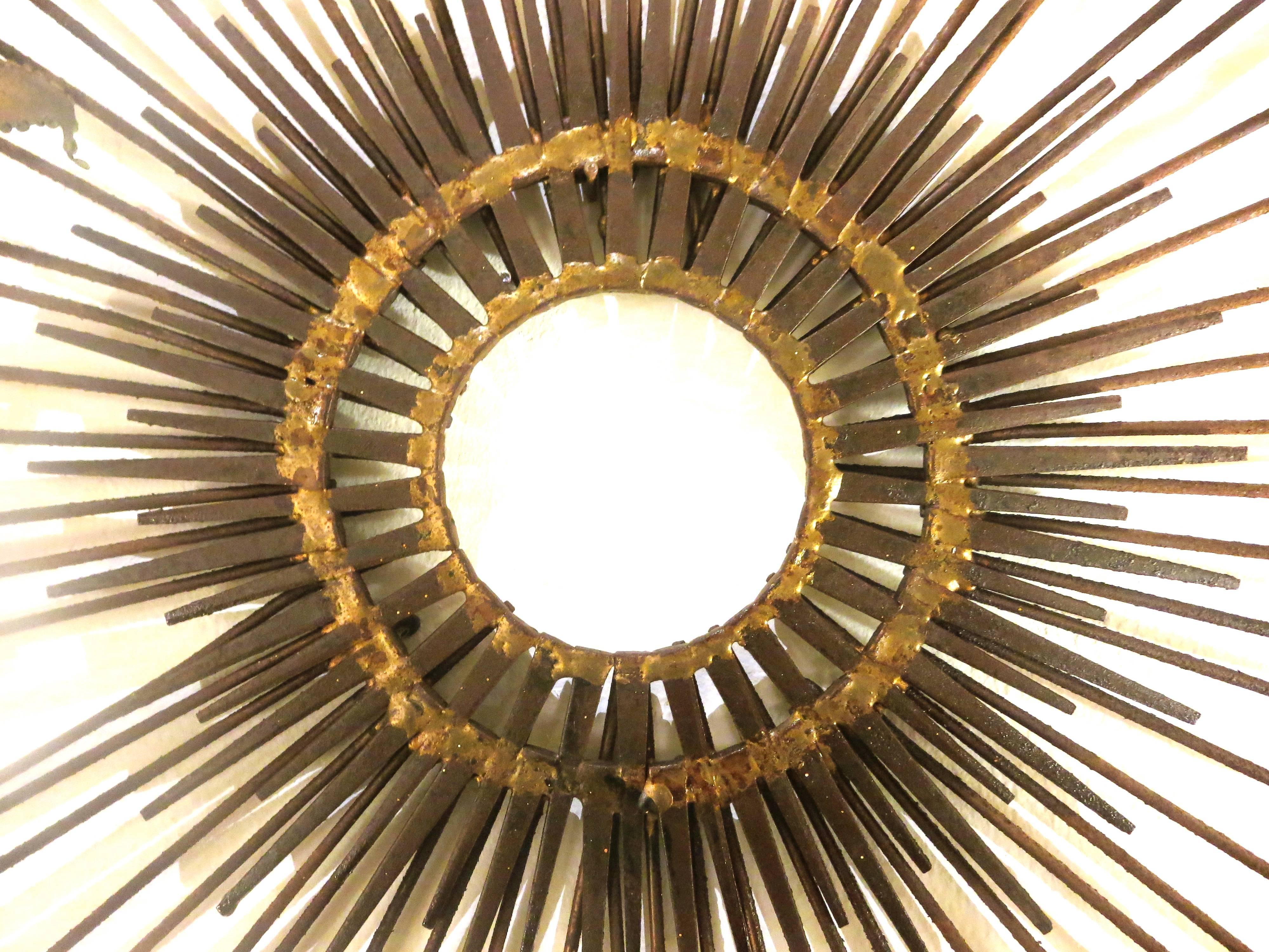 Stricking Large Sunburst Nails and Brass Welded Wall Hanging by Degroot In Good Condition In San Diego, CA