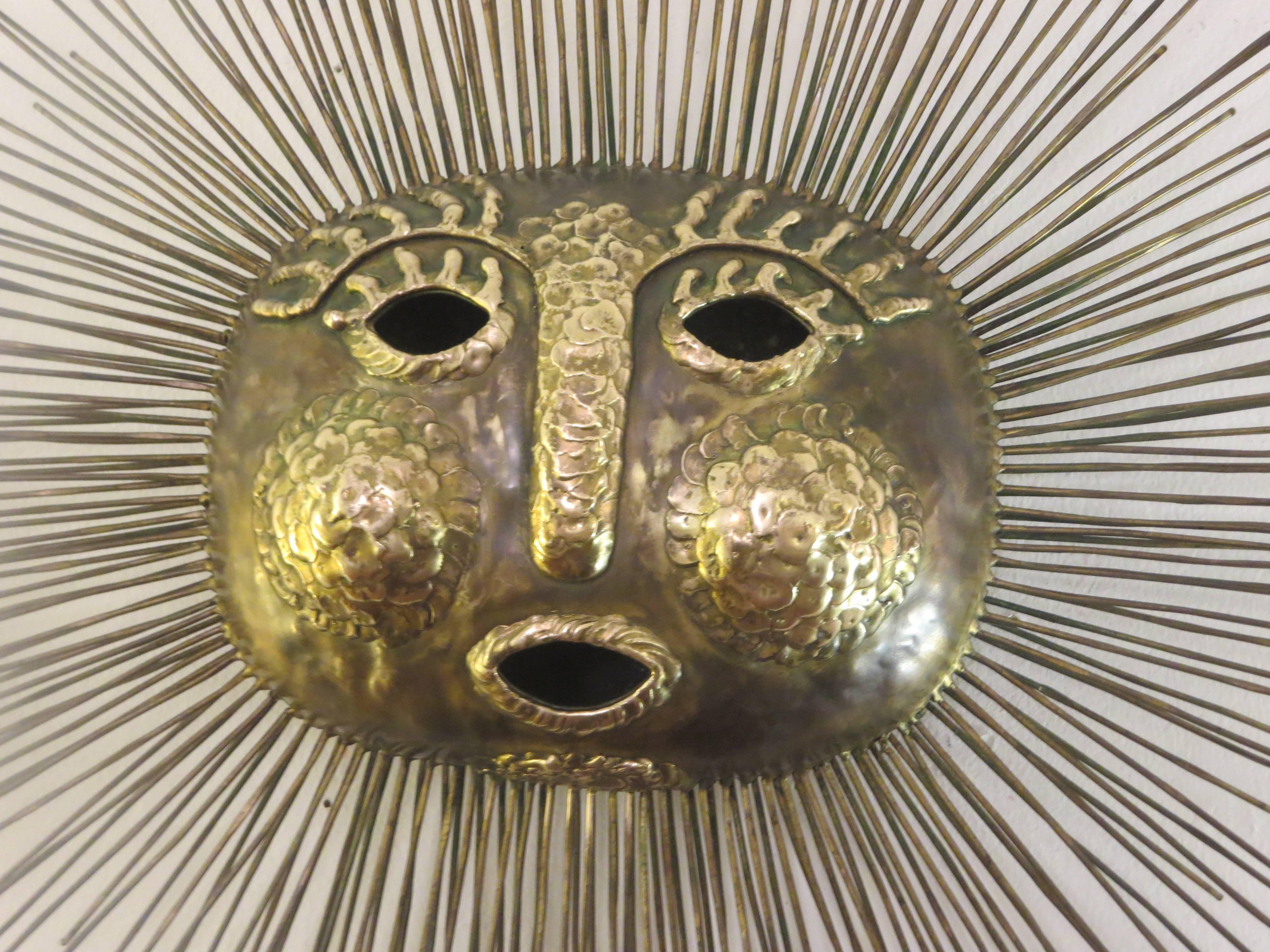Mid-Century Modern 1960s Brass Hammered Sun by Talleres Emaus Mexican Modern Sun Wall Hanging