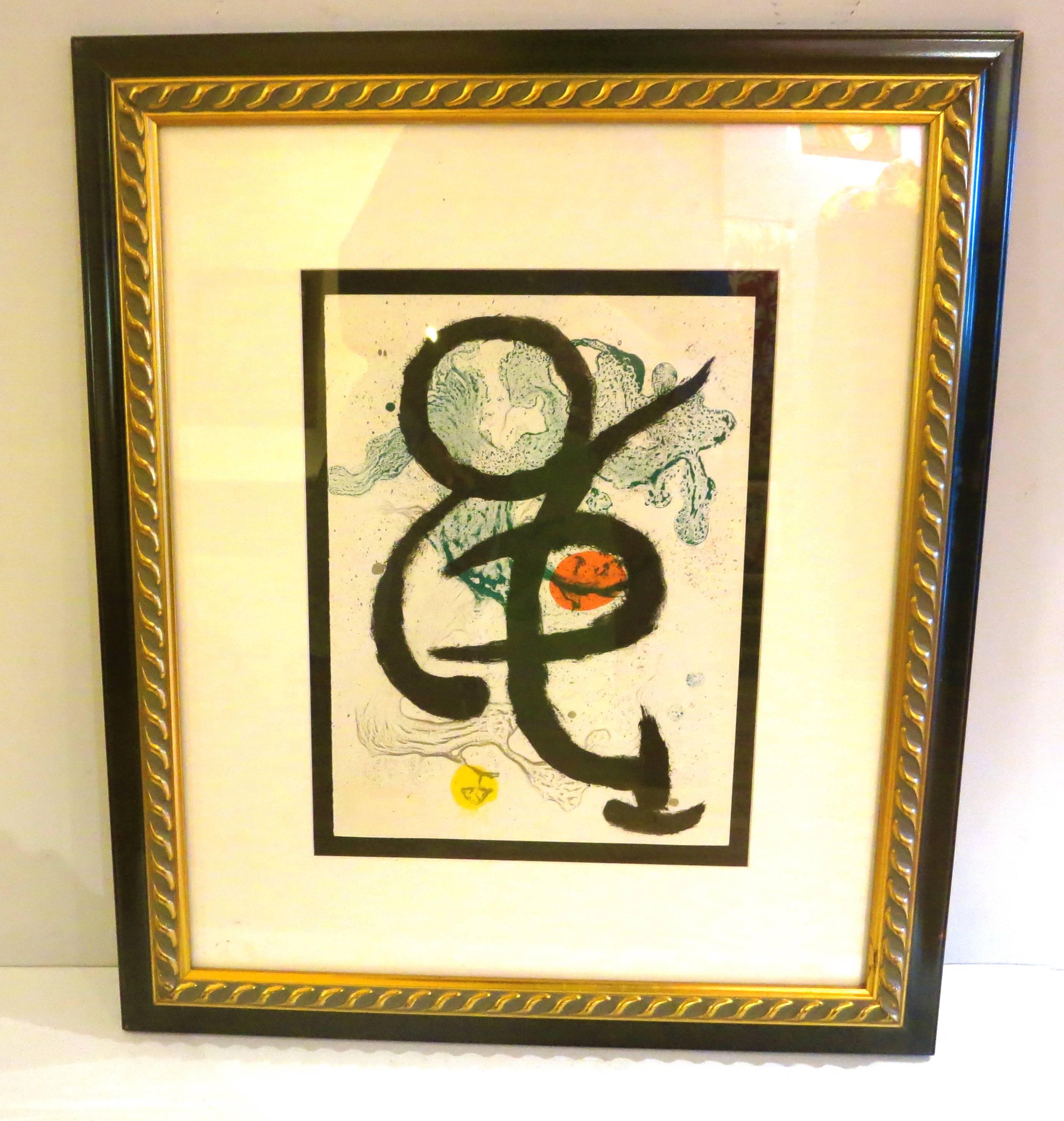 Nice abstract lithograph by Joan Miró in Rives wove paper, edition to 150, title Derriere le Miro circa 1963 comes with “Certificate of authenticity,” publisher is Maeght editeur Paris, the litho is 15