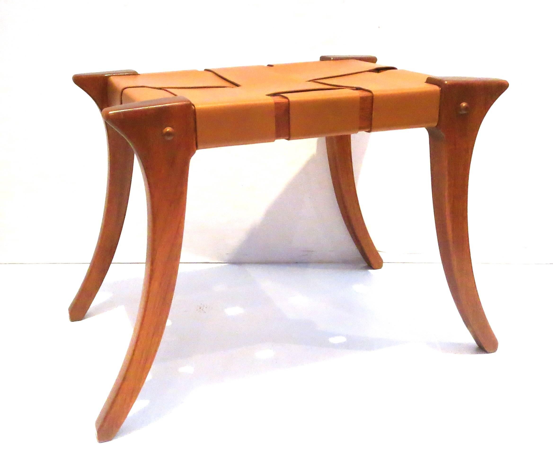 Mid-Century Modern 1970s Pair of Matching Klismos Style Benches in Leather Straps