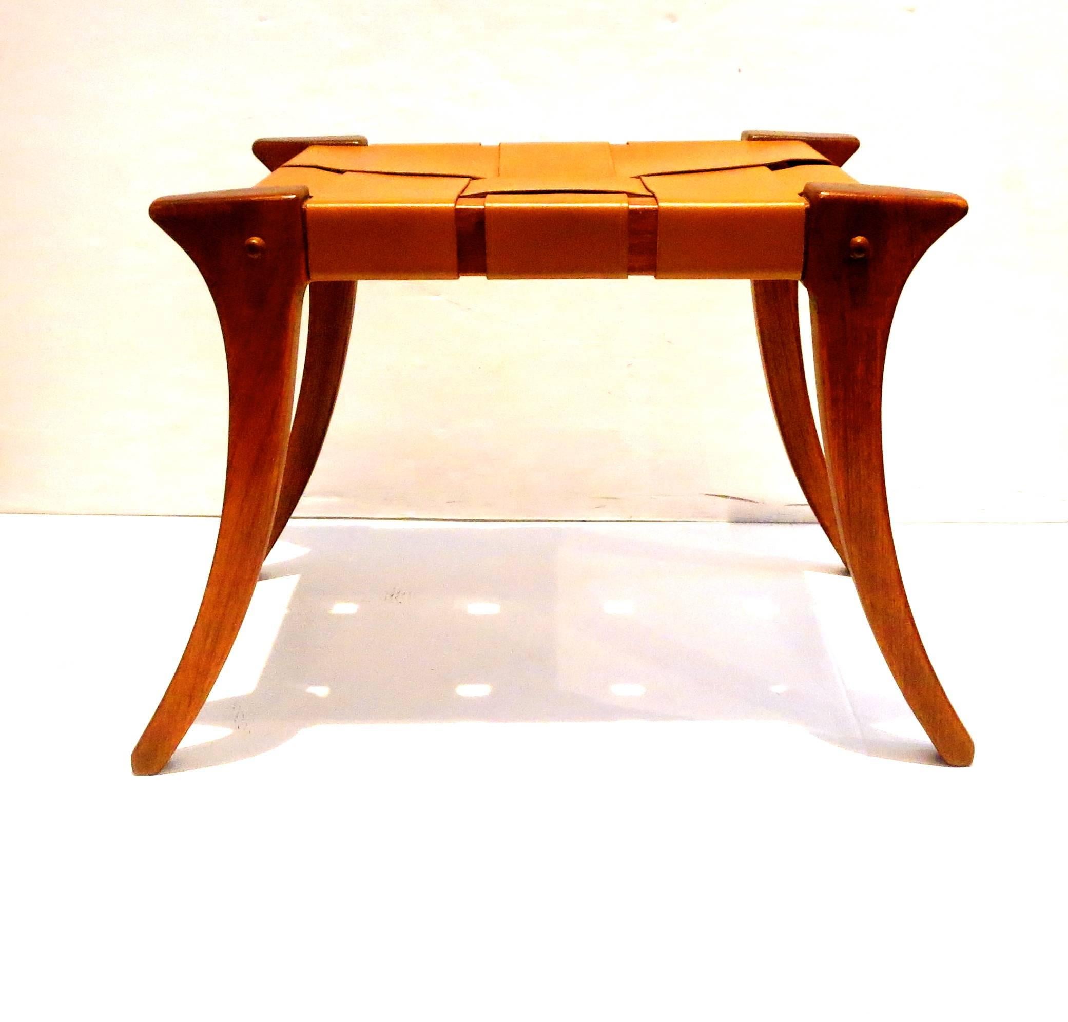 American 1970s Pair of Matching Klismos Style Benches in Leather Straps