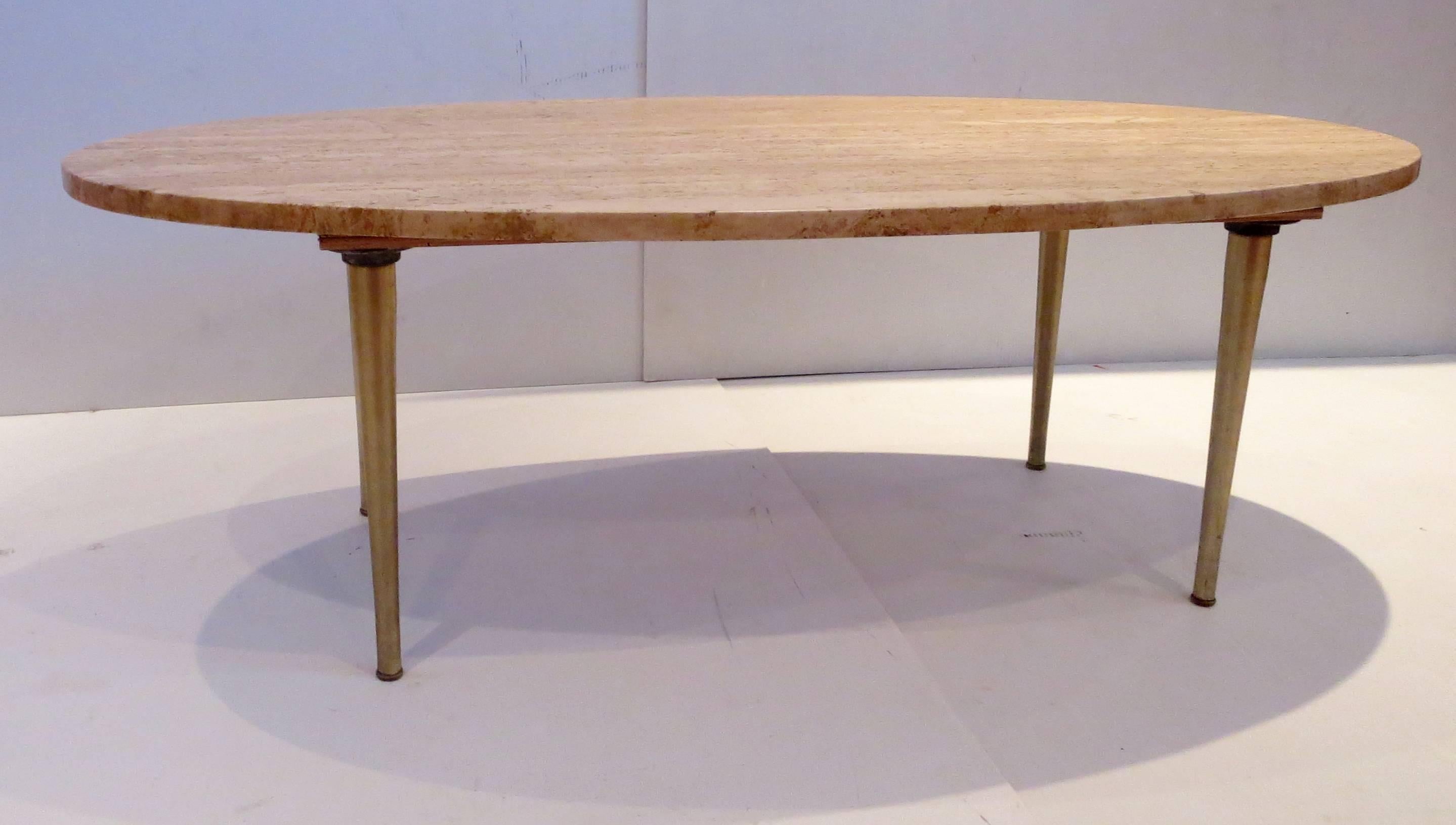 MidCentury Modern Marble and Brass Tapered Legs Oval Coffee Table at