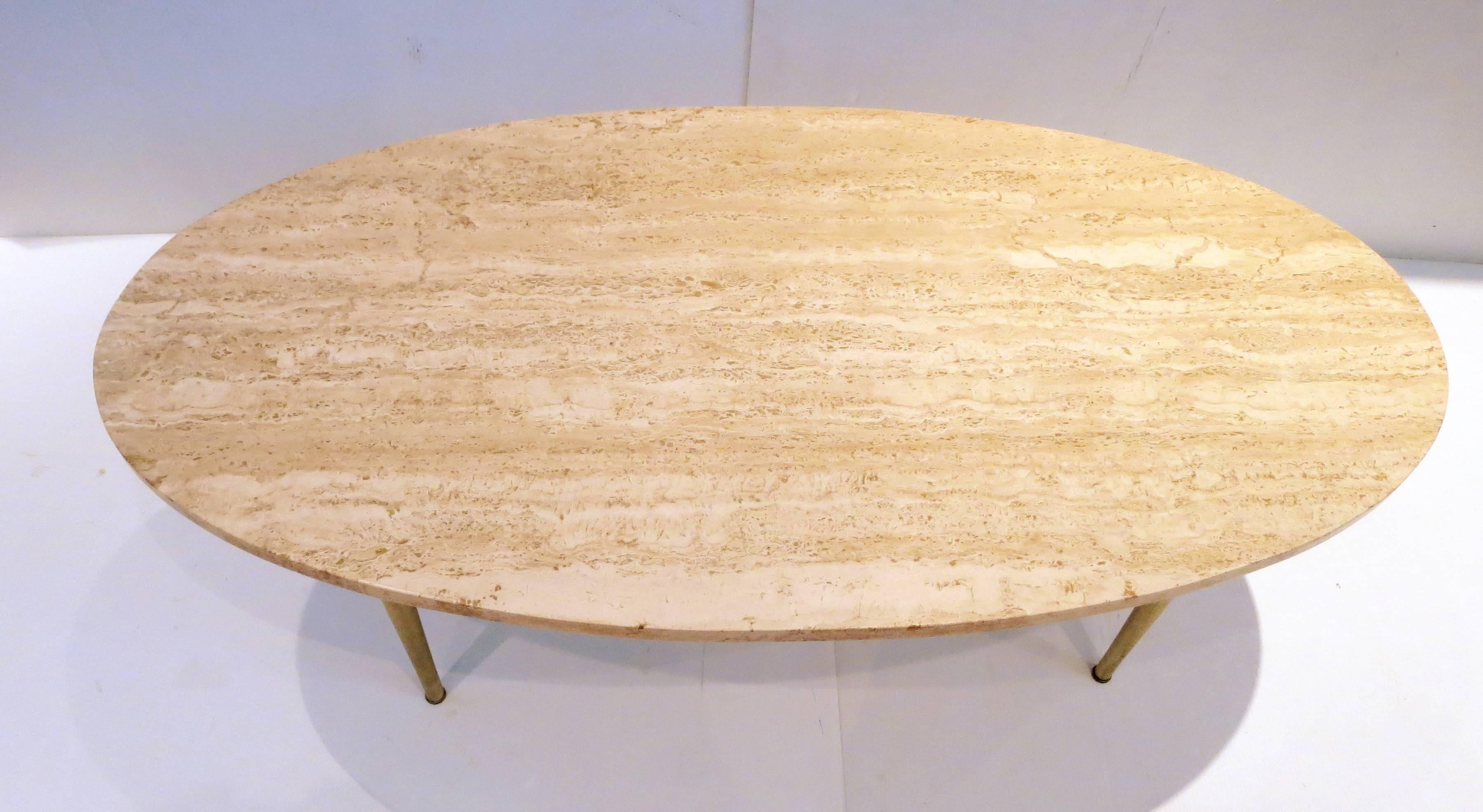 MidCentury Modern Marble and Brass Tapered Legs Oval Coffee Table at