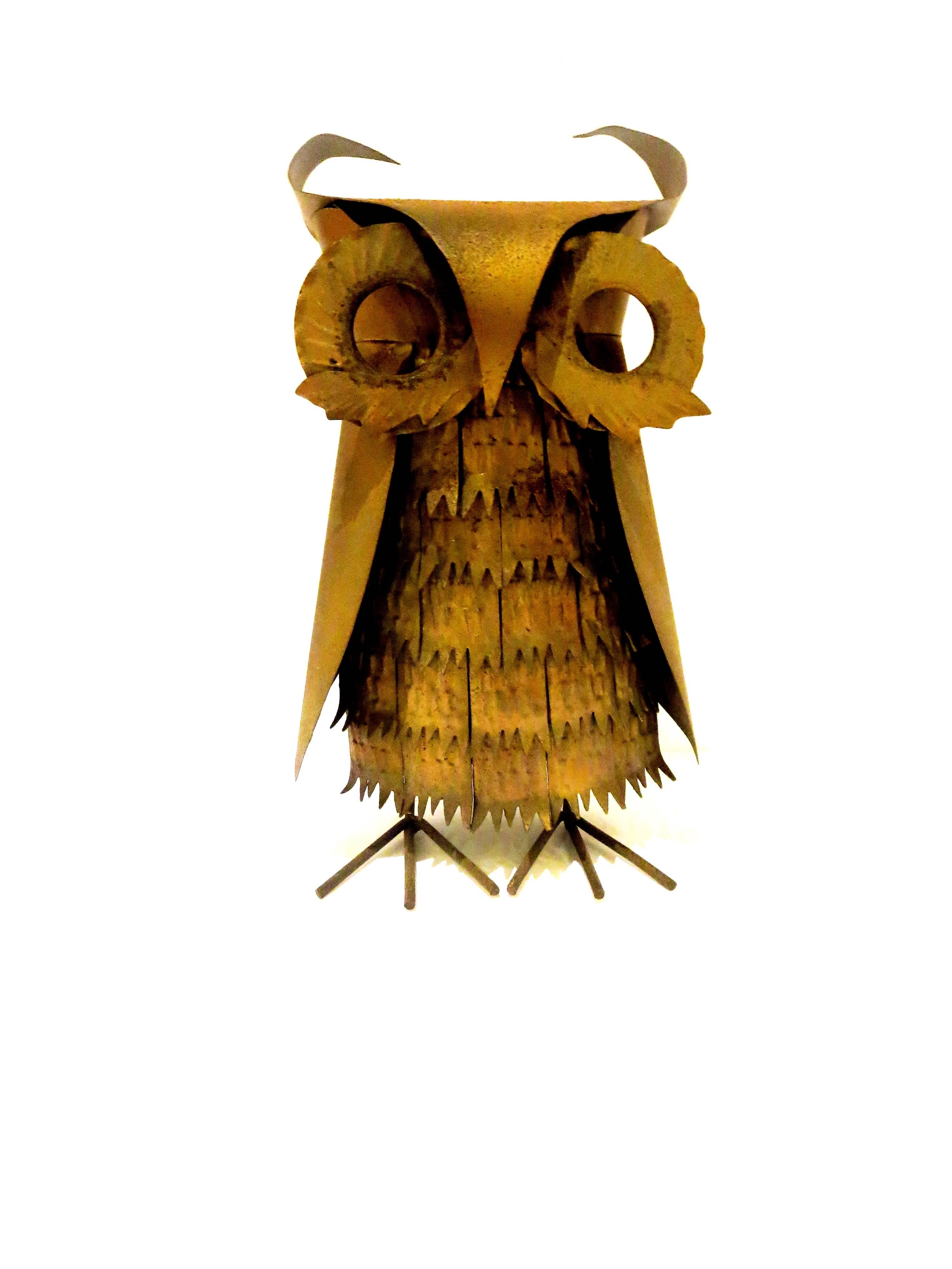 American 1970s Brutalist Metal Owl Sculpture in the Style of Curtis Jere For Sale