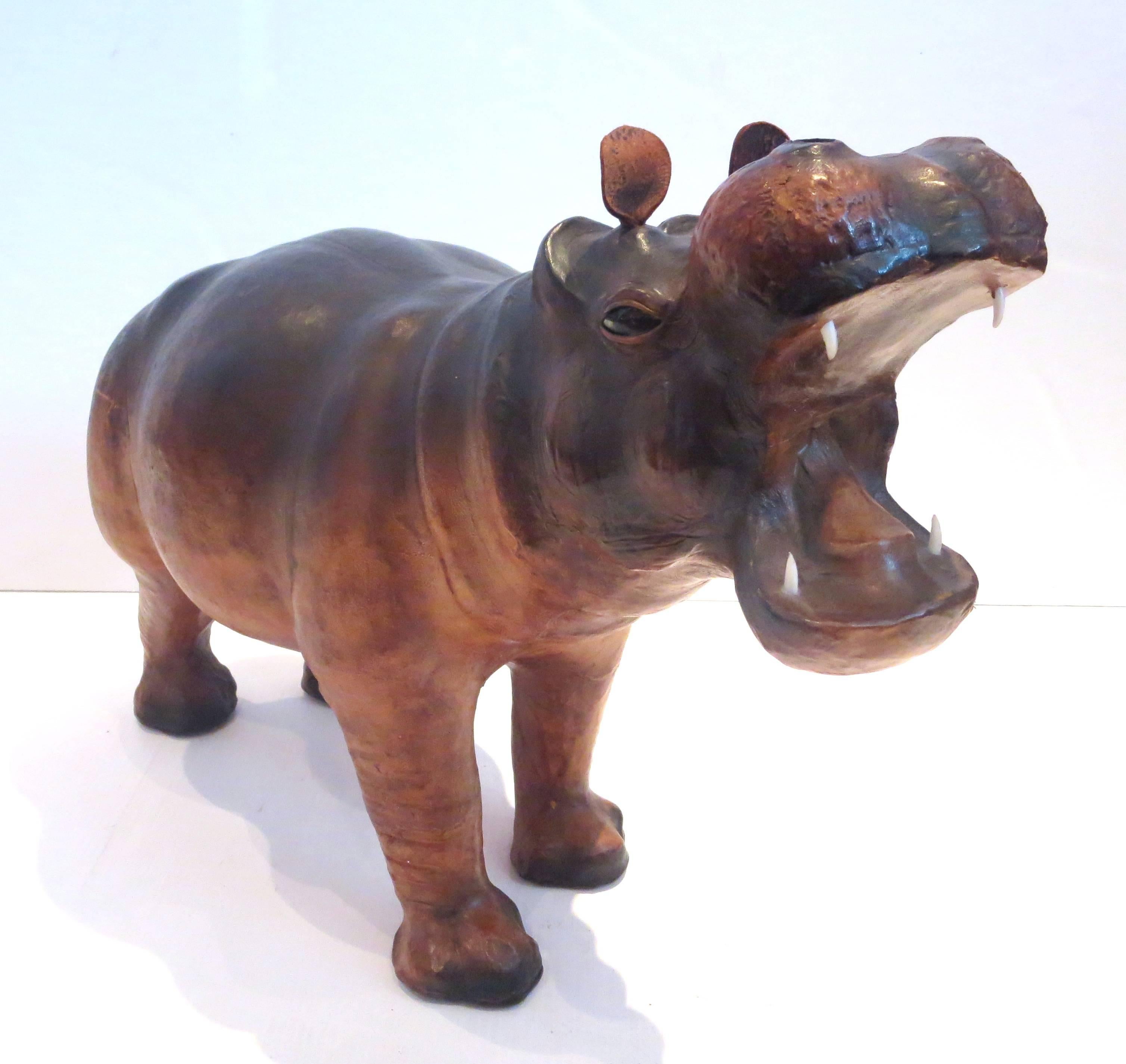 Mid-Century Modern Rare Age Leather Wrapped Hippo Large Size Sculpture