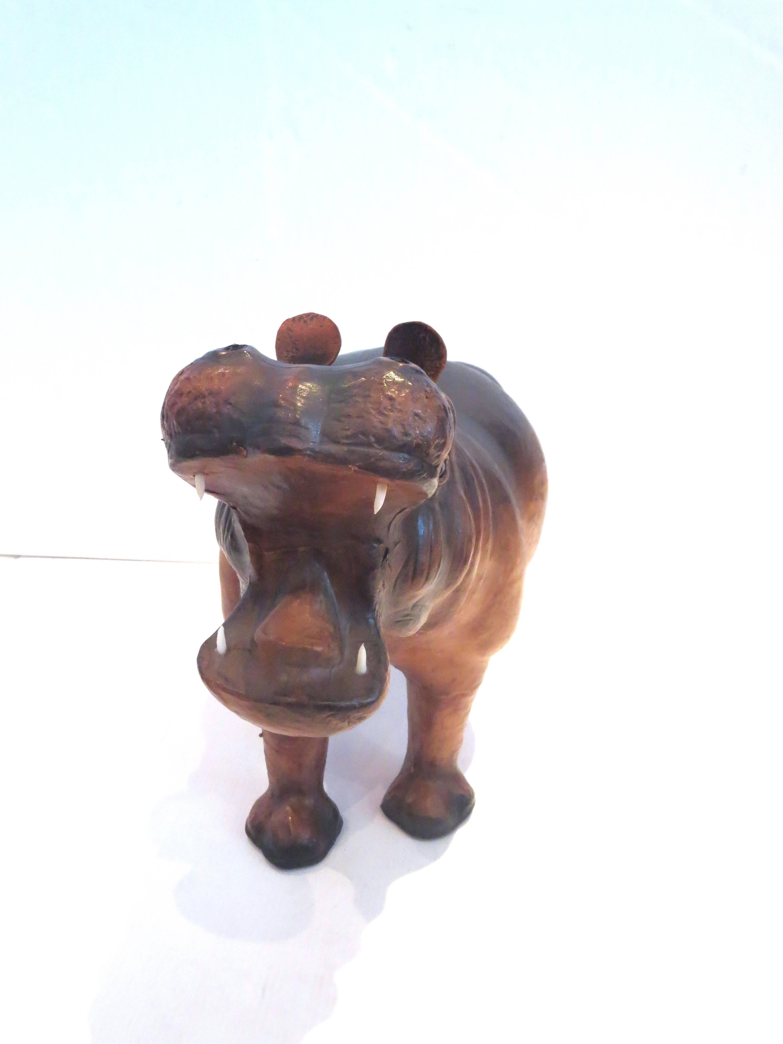 Rare Age Leather Wrapped Hippo Large Size Sculpture In Good Condition In San Diego, CA