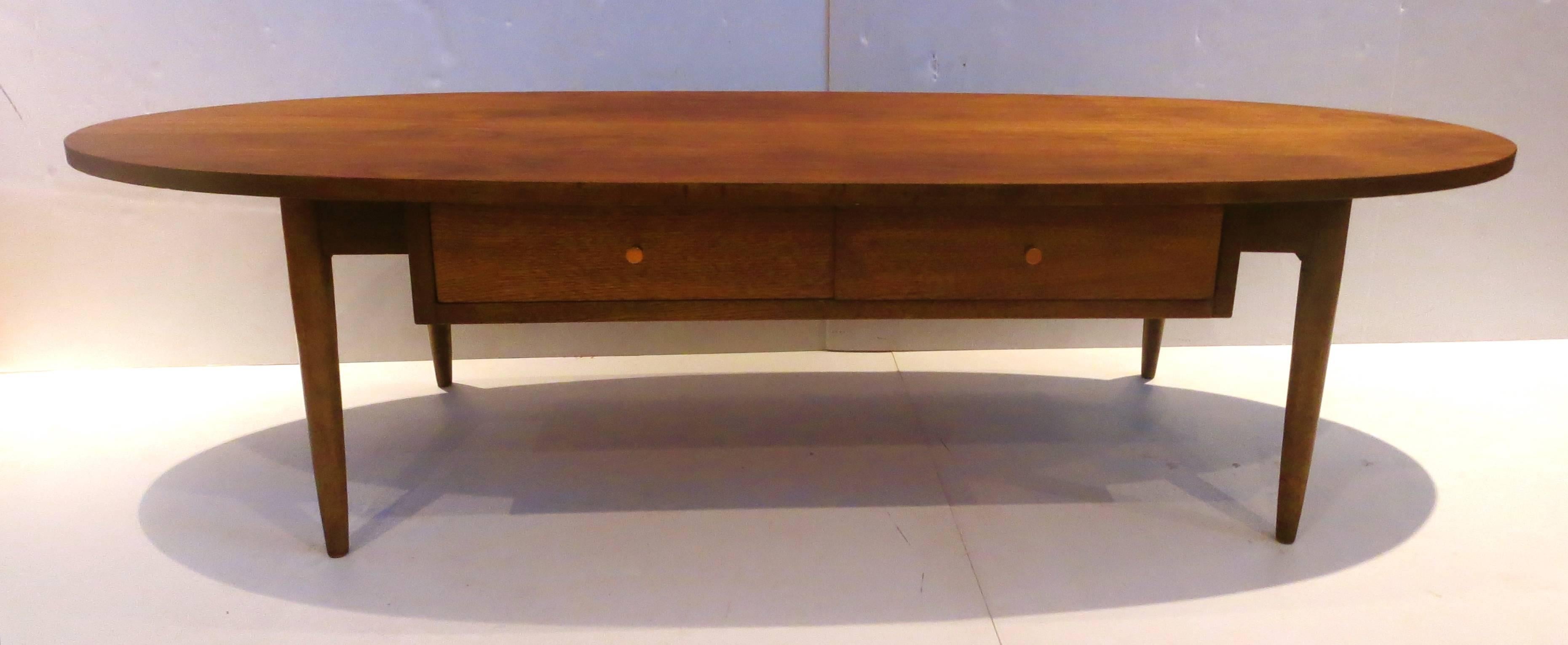 Mid-Century Modern 1950s Atomic Age American Walnut Oval Coffee Table with Brass Knobs