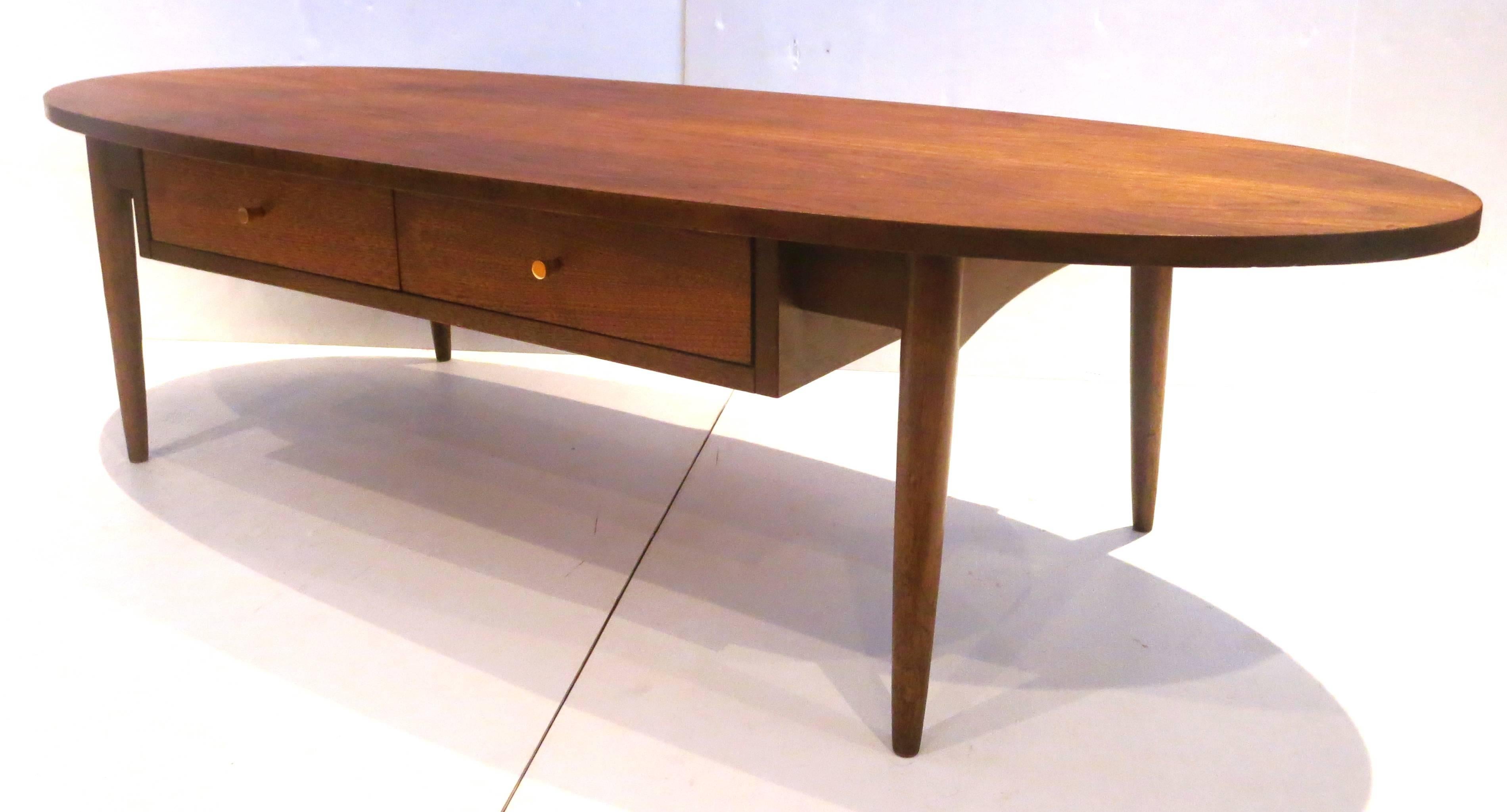 20th Century 1950s Atomic Age American Walnut Oval Coffee Table with Brass Knobs