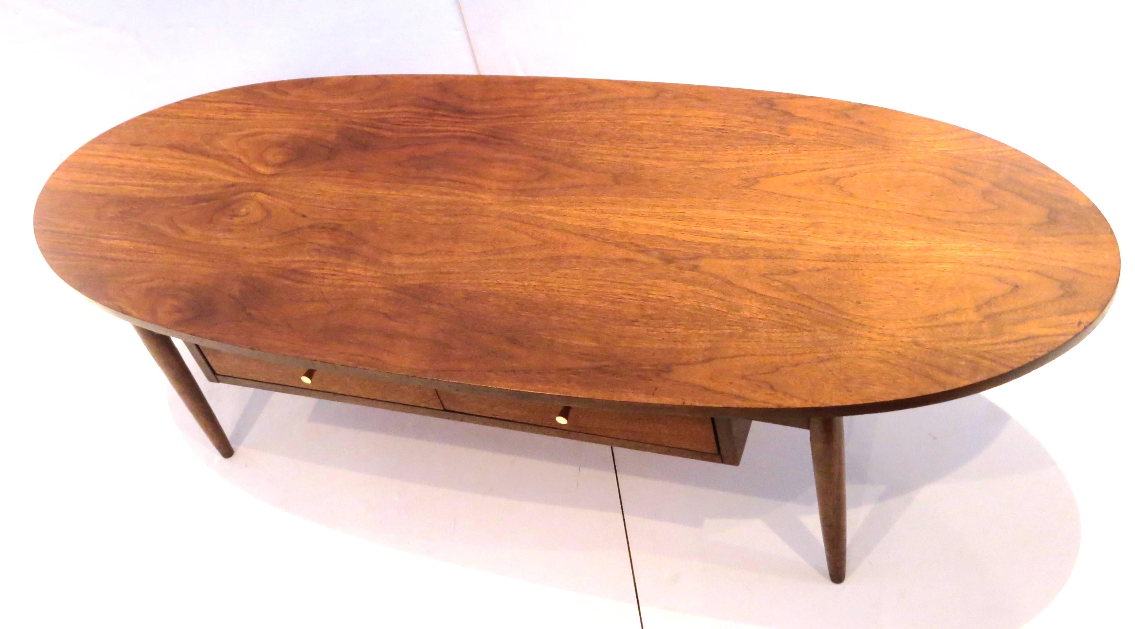 1950s Atomic Age American Walnut Oval Coffee Table with Brass Knobs 1