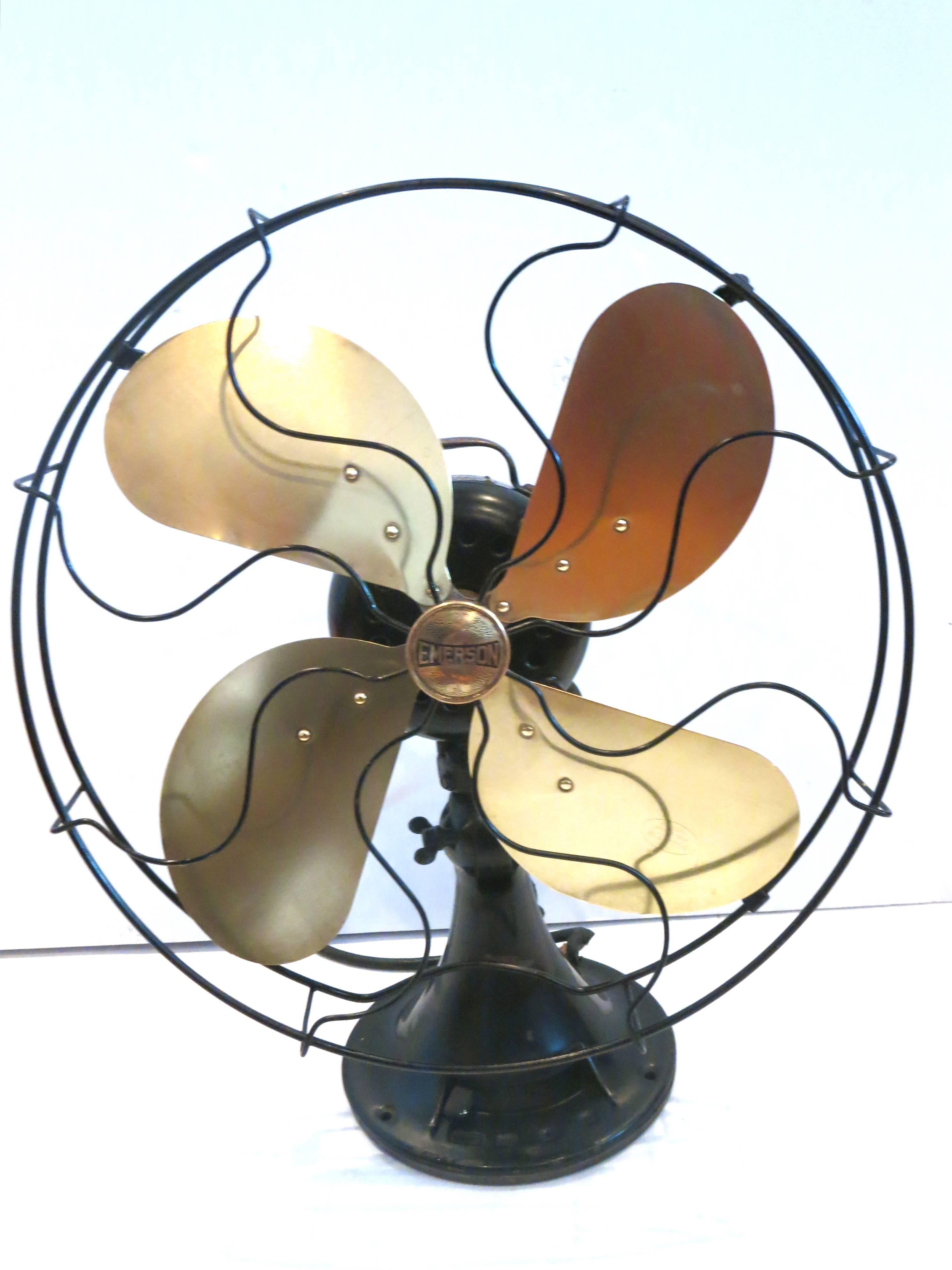 Mid-Century Modern 1940s Antique Large Ocillator Fan by Emerson Solid Polished Brass Blades