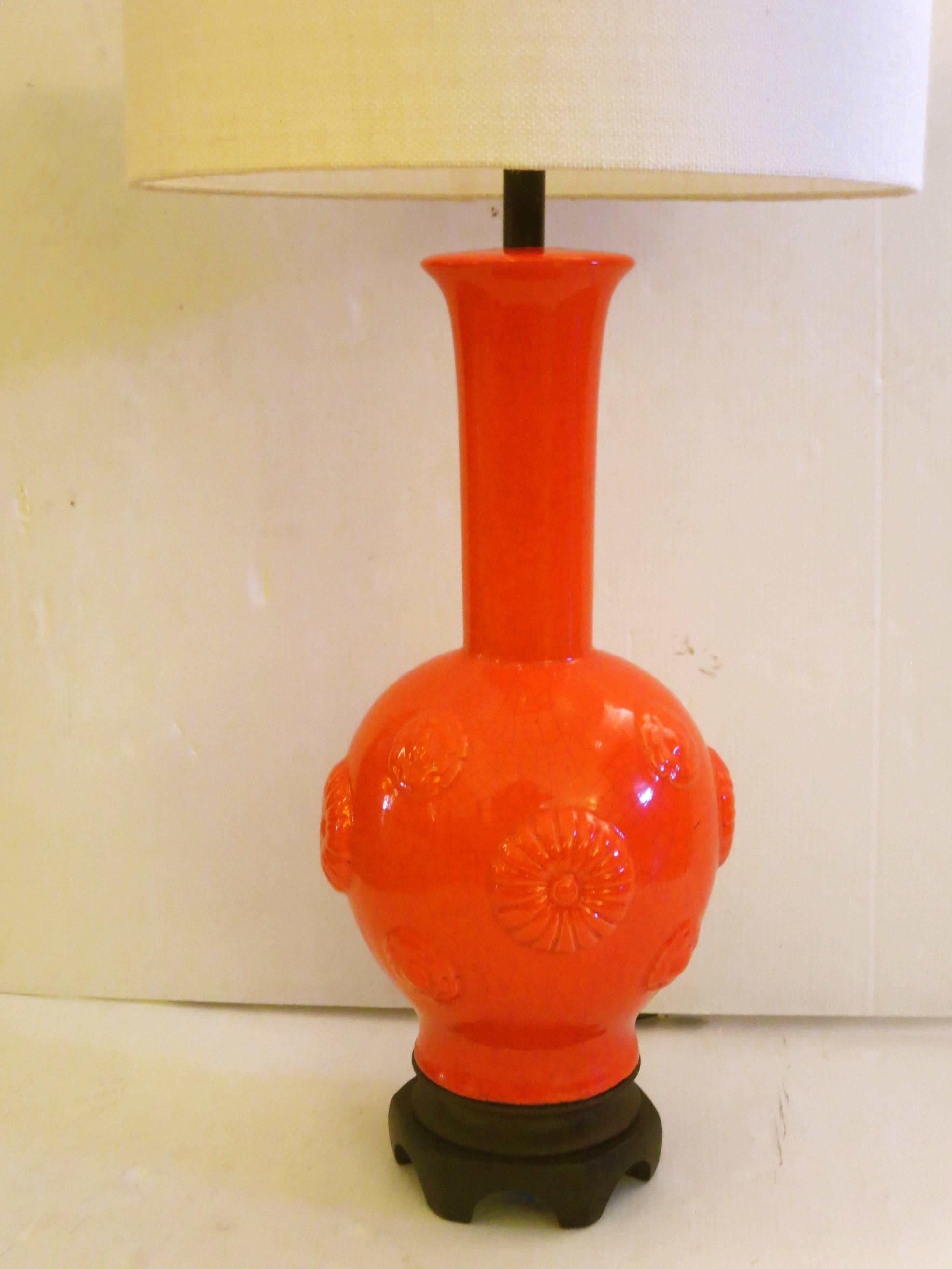 Hollywood Regency Tall Monumental Red/Orange Ceramic Crackle Finish Pottery Lamp