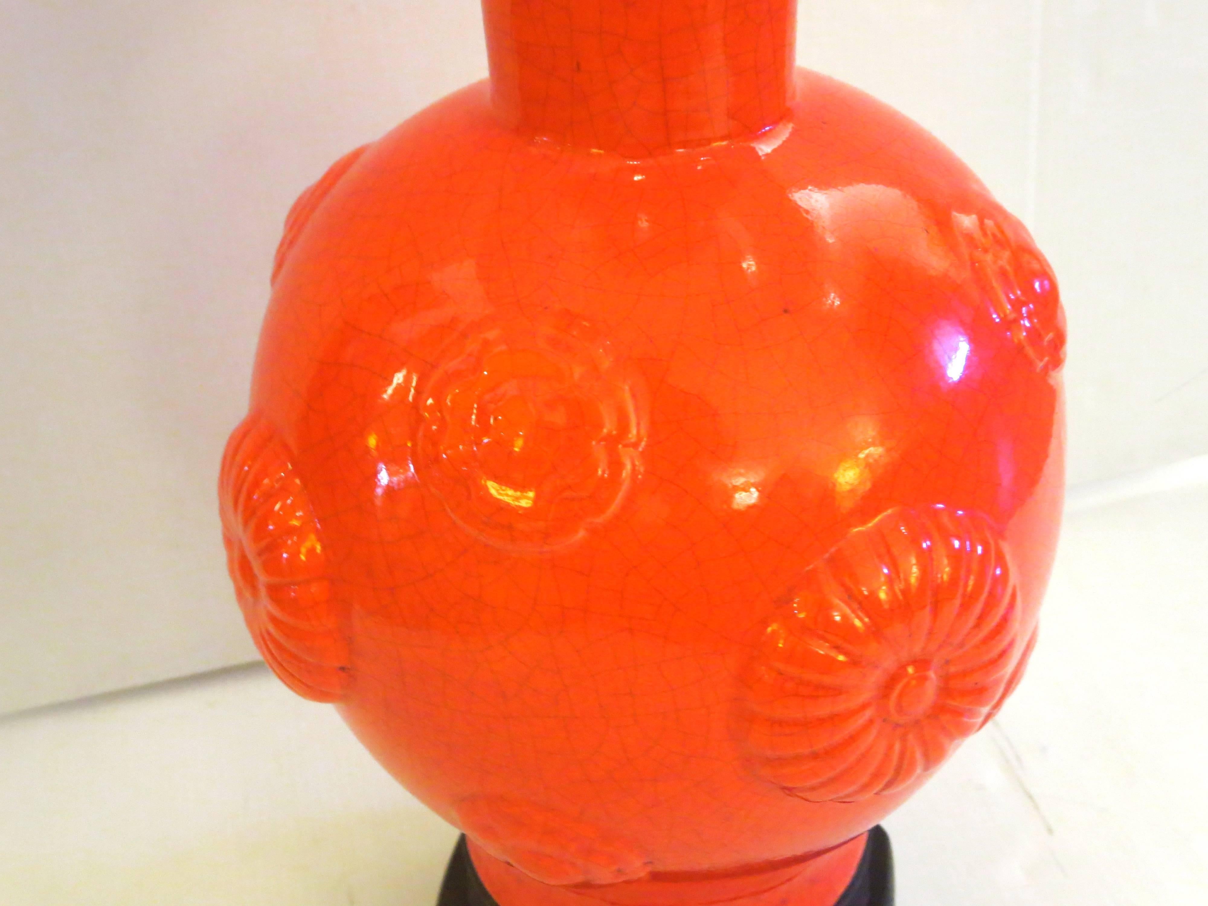 American Tall Monumental Red/Orange Ceramic Crackle Finish Pottery Lamp