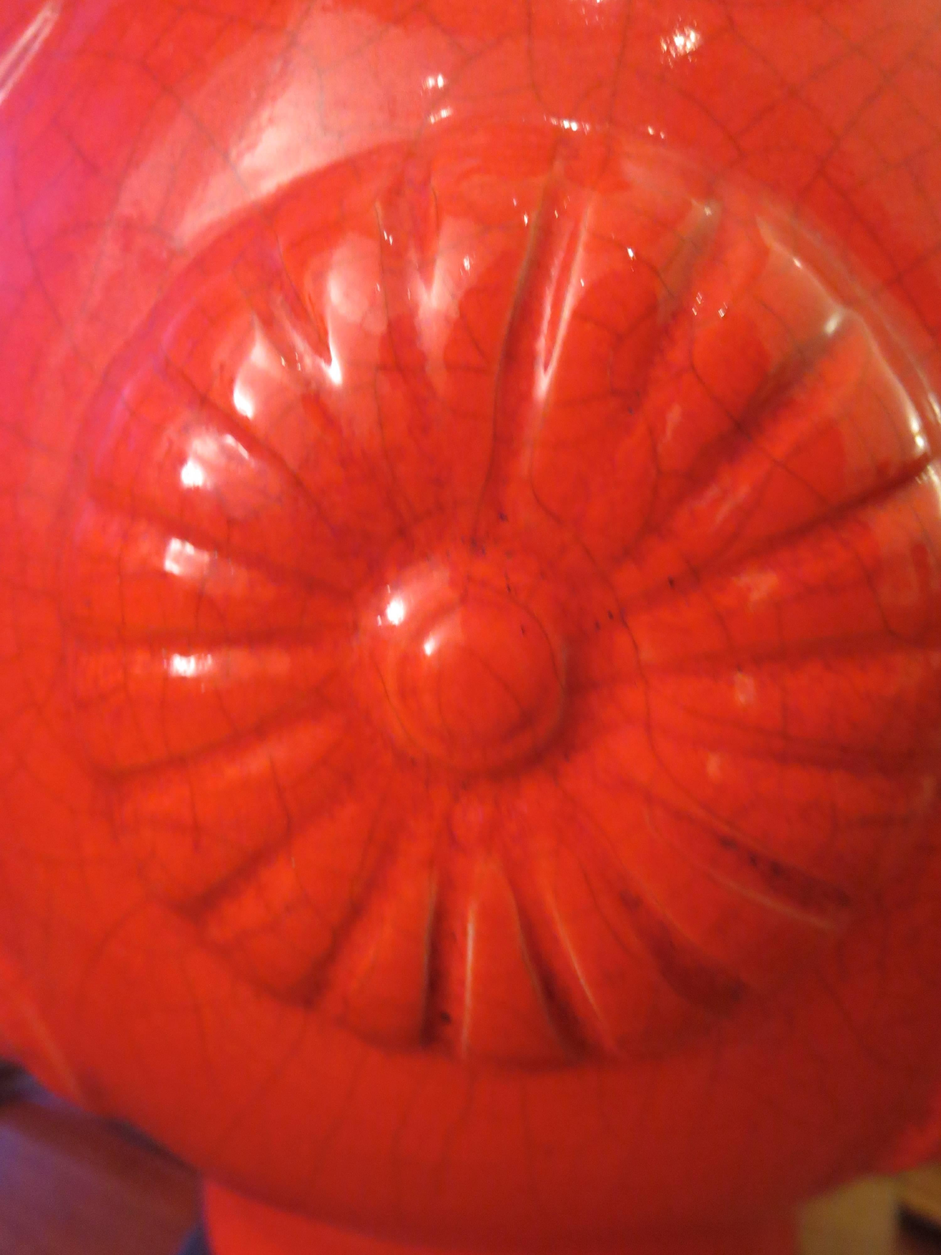 Tall Monumental Red/Orange Ceramic Crackle Finish Pottery Lamp In Good Condition In San Diego, CA