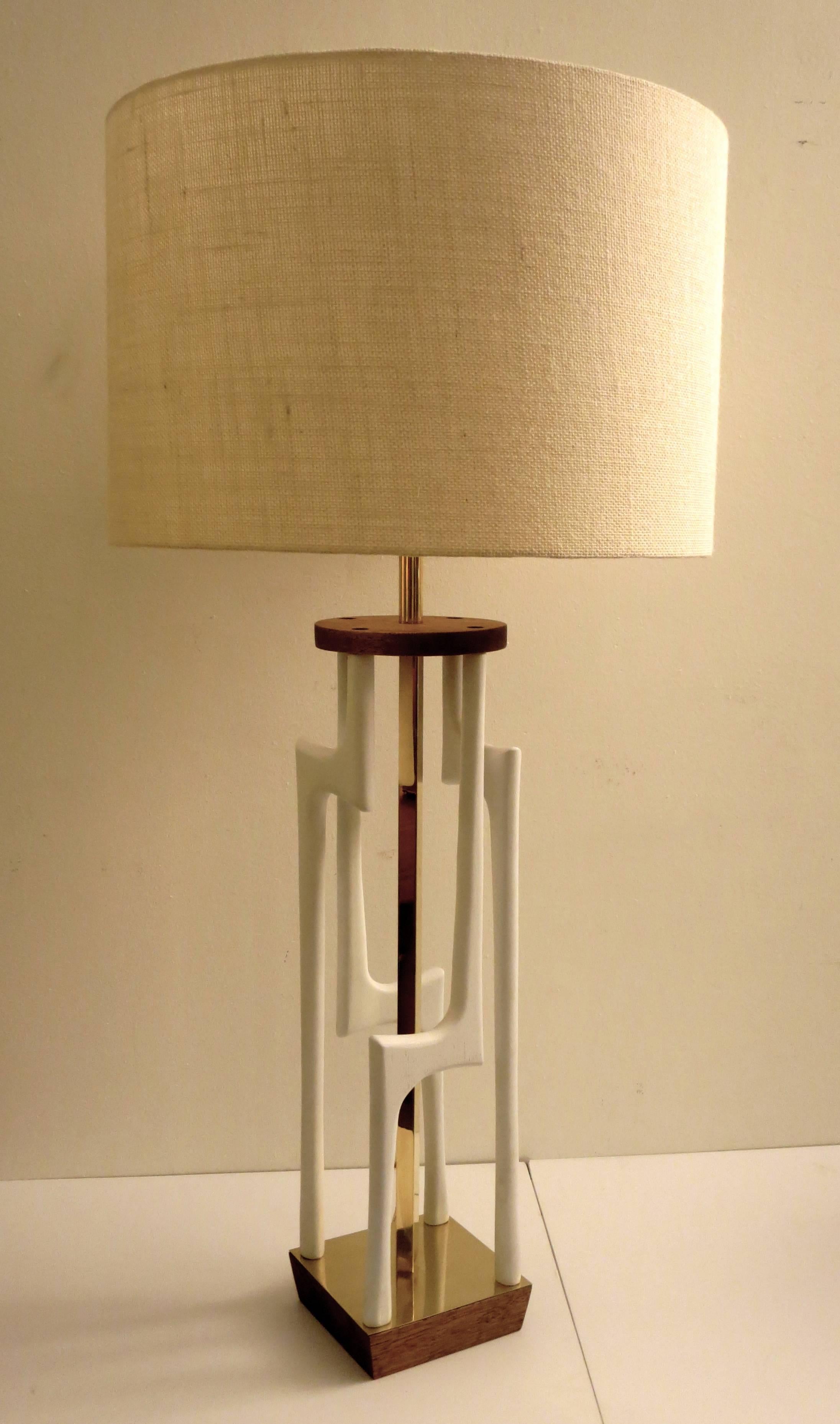 20th Century 1950s Mid-Century Tall Sculpted Free-Form Wood with Brass Accents Table Lamp