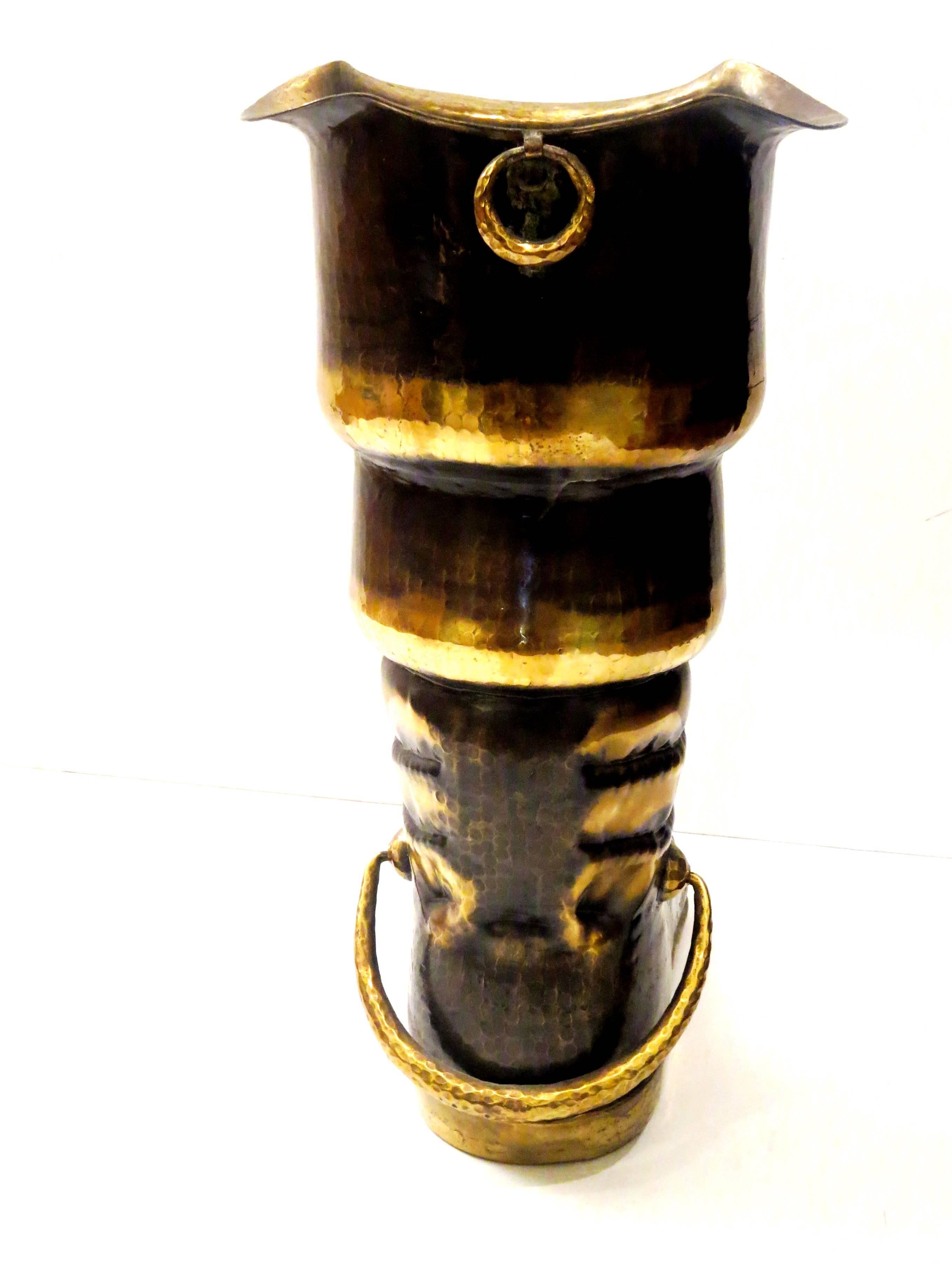 Hollywood Regency 1950s Italian Solid Brass Hammered Large Pirate Boot Umbrella Stand
