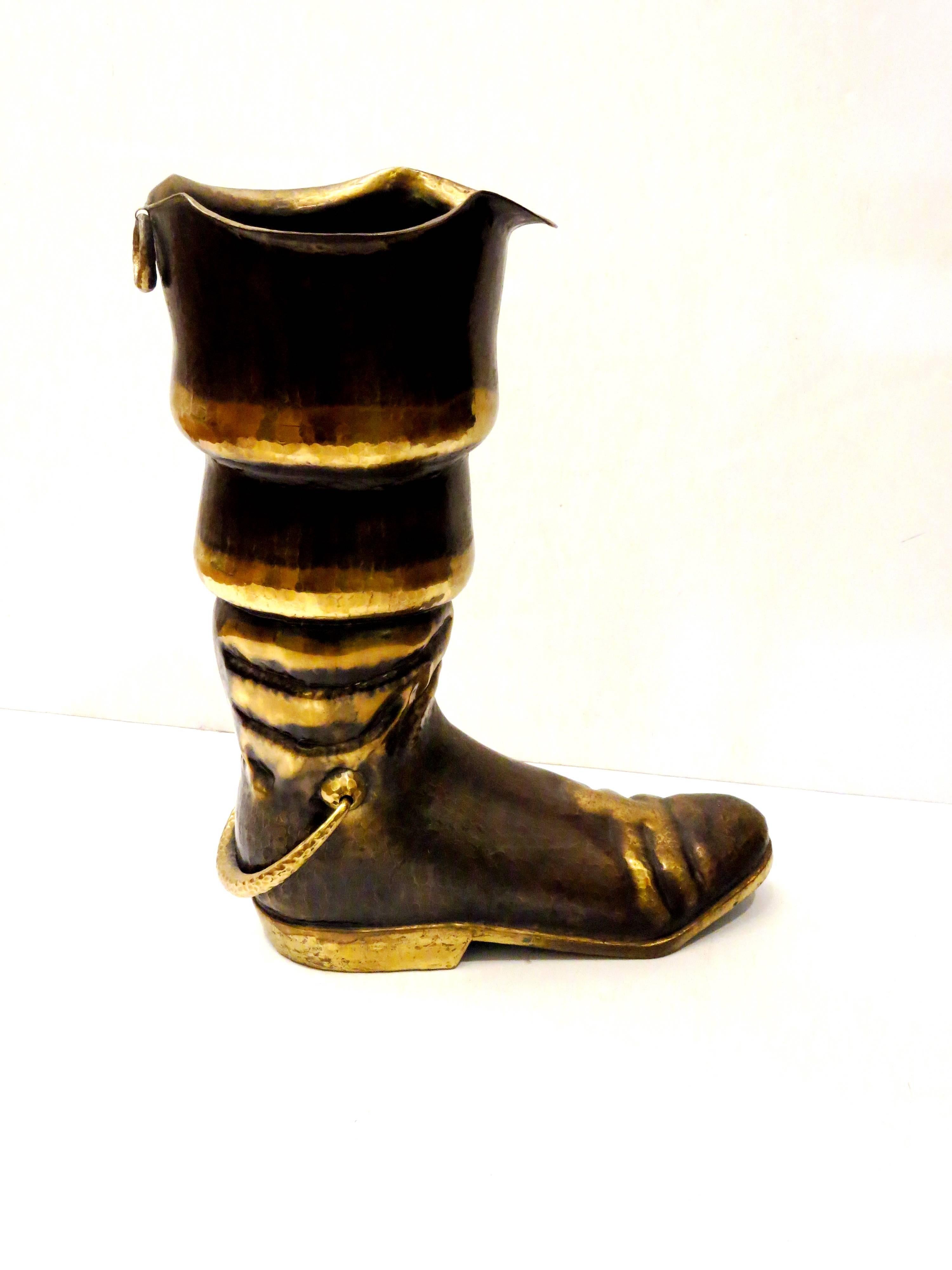 1950s Italian Solid Brass Hammered Large Pirate Boot Umbrella Stand In Excellent Condition In San Diego, CA