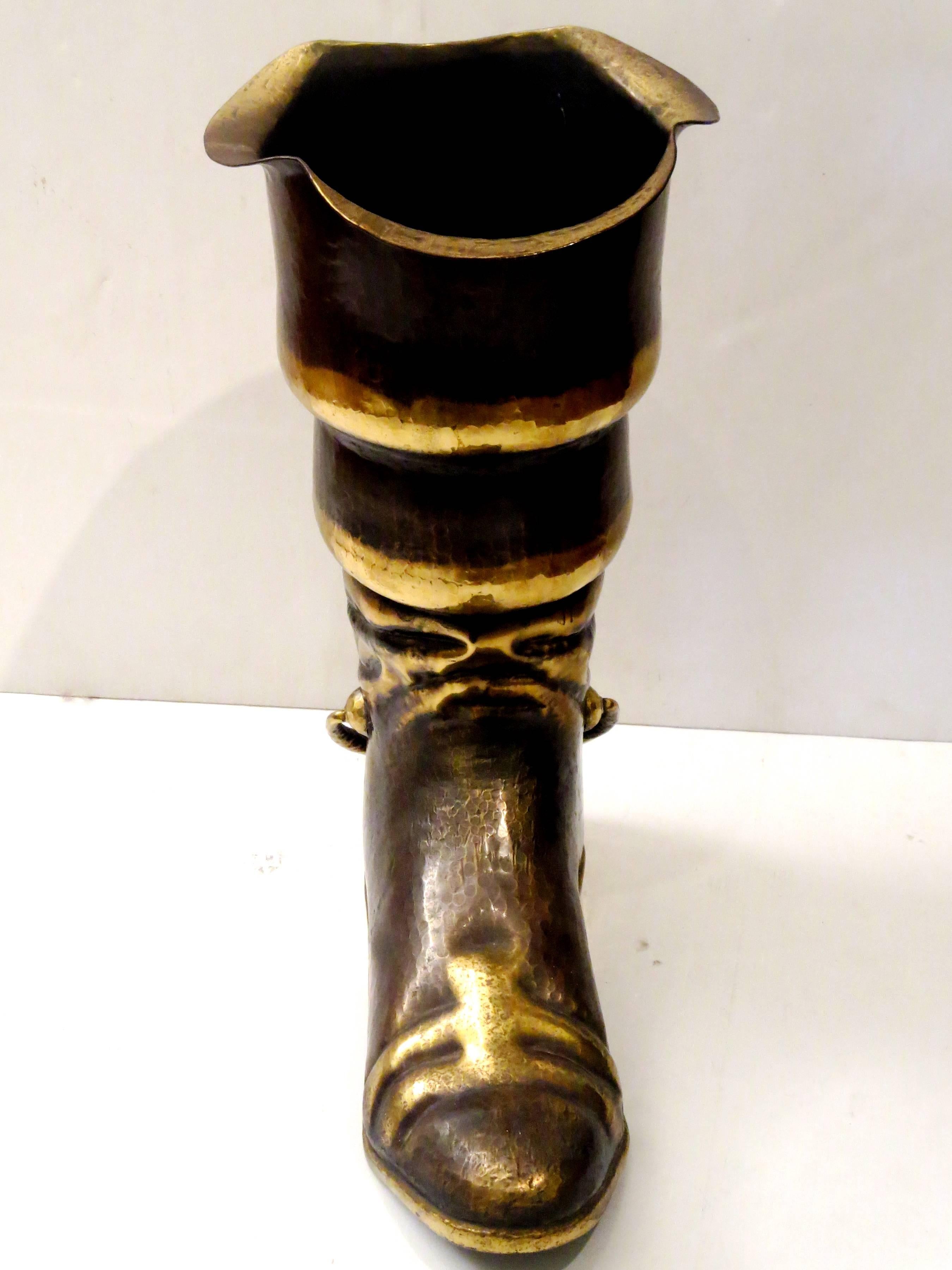 20th Century 1950s Italian Solid Brass Hammered Large Pirate Boot Umbrella Stand