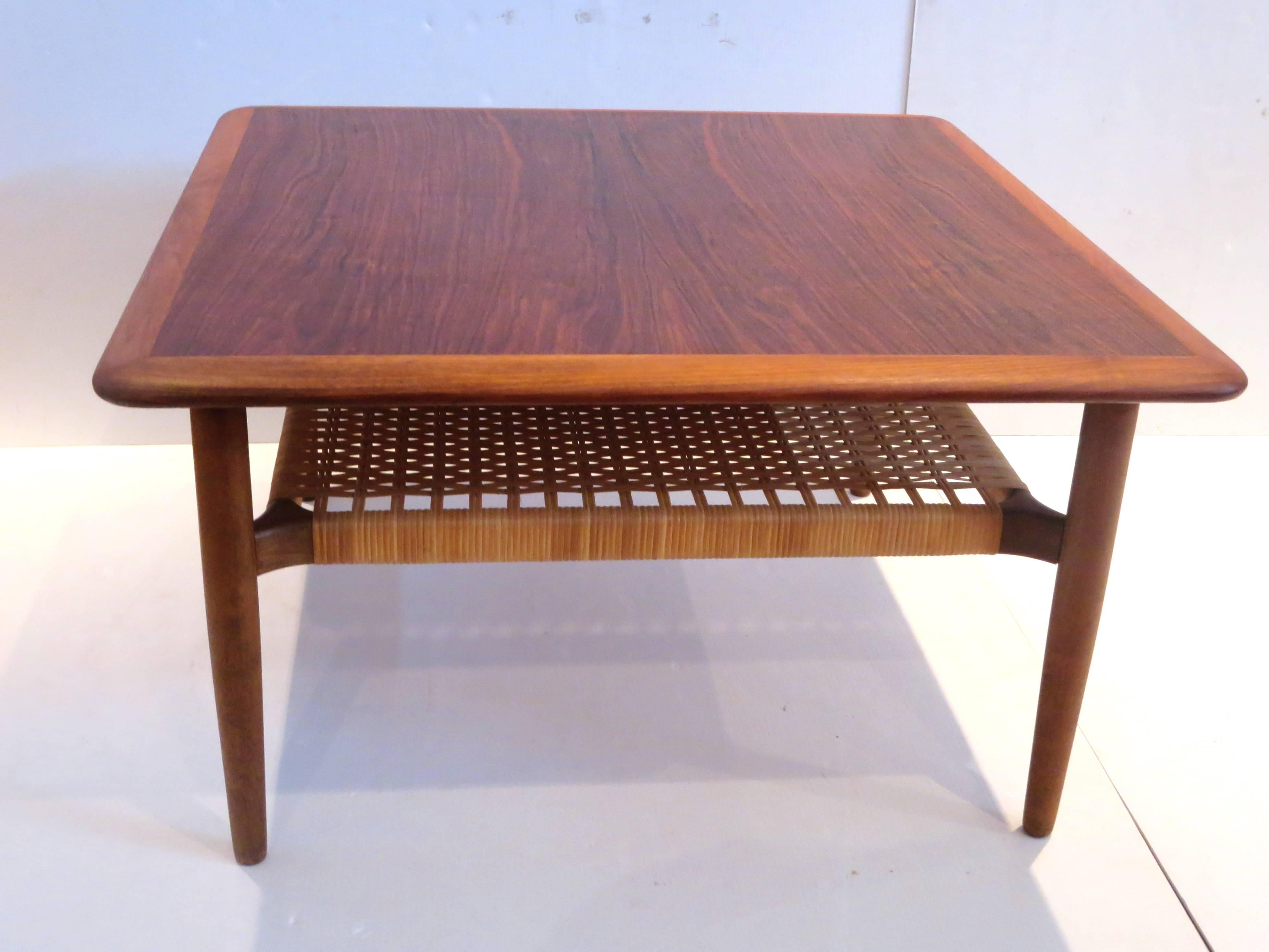 Danish Modern 1950s Square Coffee Table with Caned Shelf by Gunnar Schwartz 1