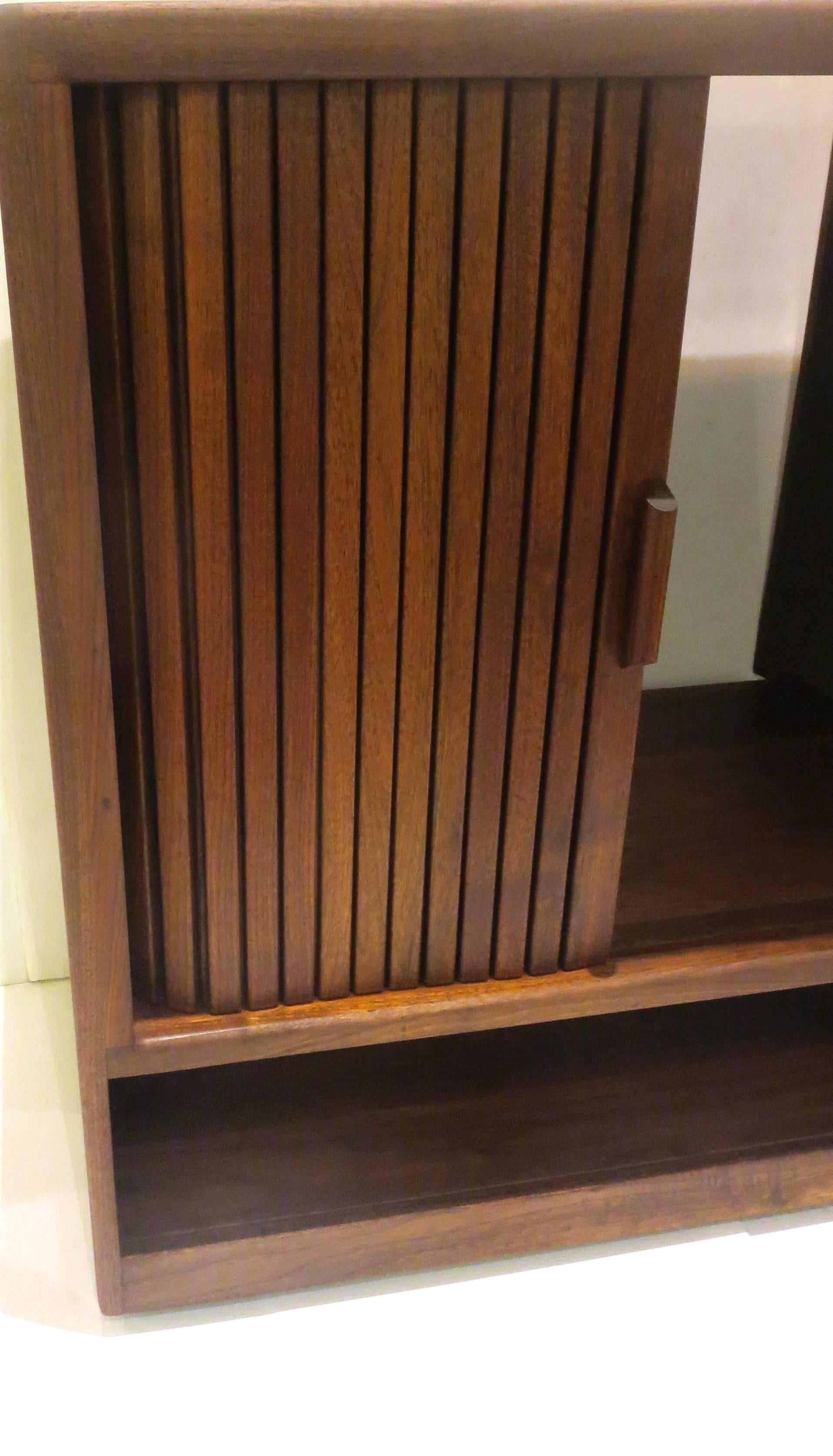 American Mid-Century Modern Solid Walnut Tambour Door Media Cabinet In Excellent Condition In San Diego, CA