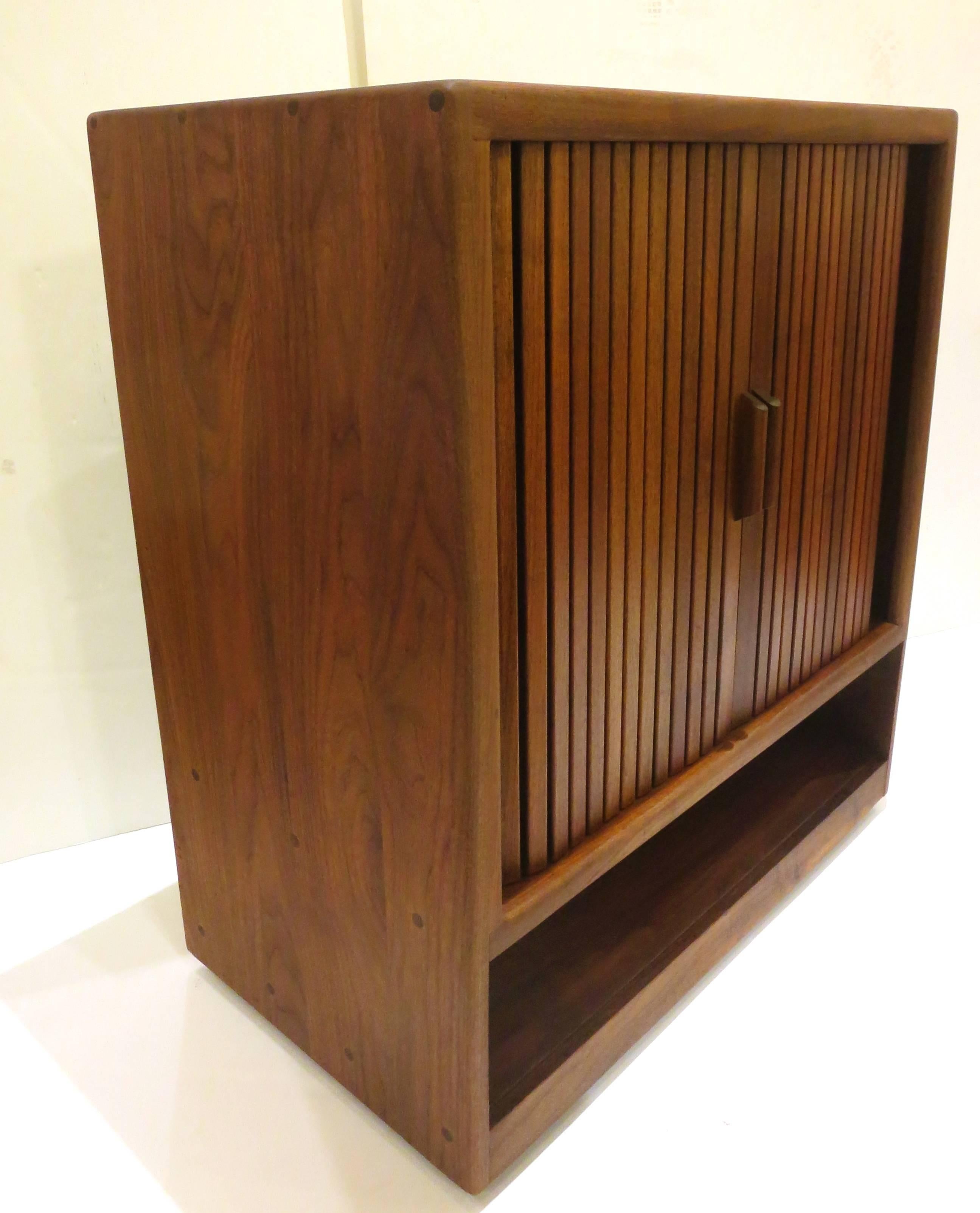 20th Century American Mid-Century Modern Solid Walnut Tambour Door Media Cabinet
