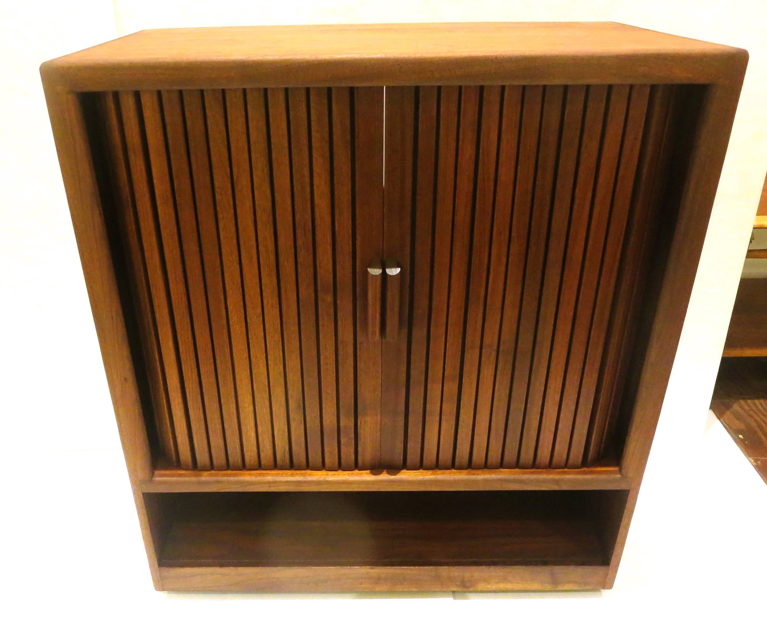 American Mid-Century Modern Solid Walnut Tambour Door Media Cabinet 2