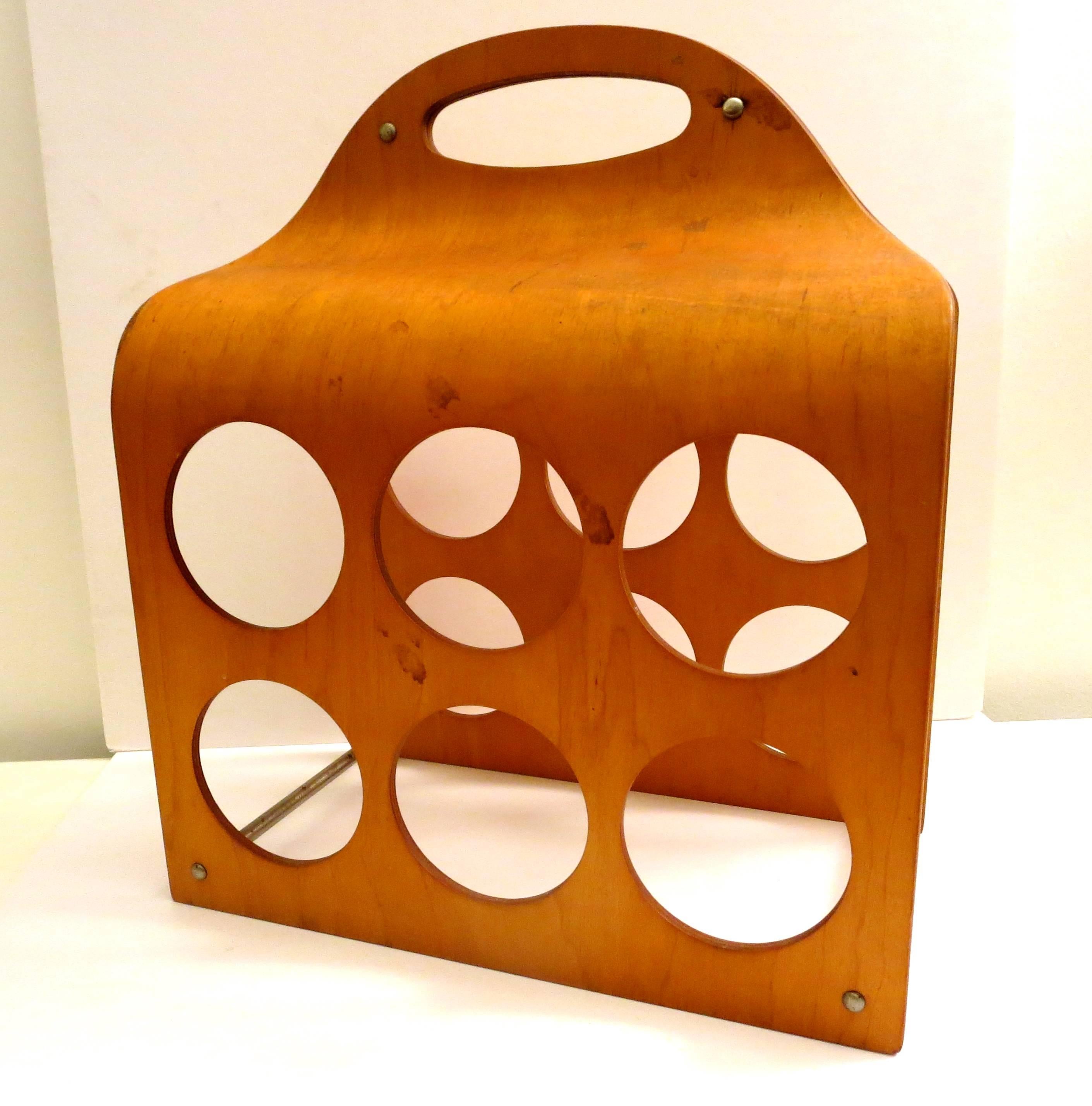 1950s Rare Molded Plywood Wine Rack CarryOn Six Bottle Capacity at 1stDibs