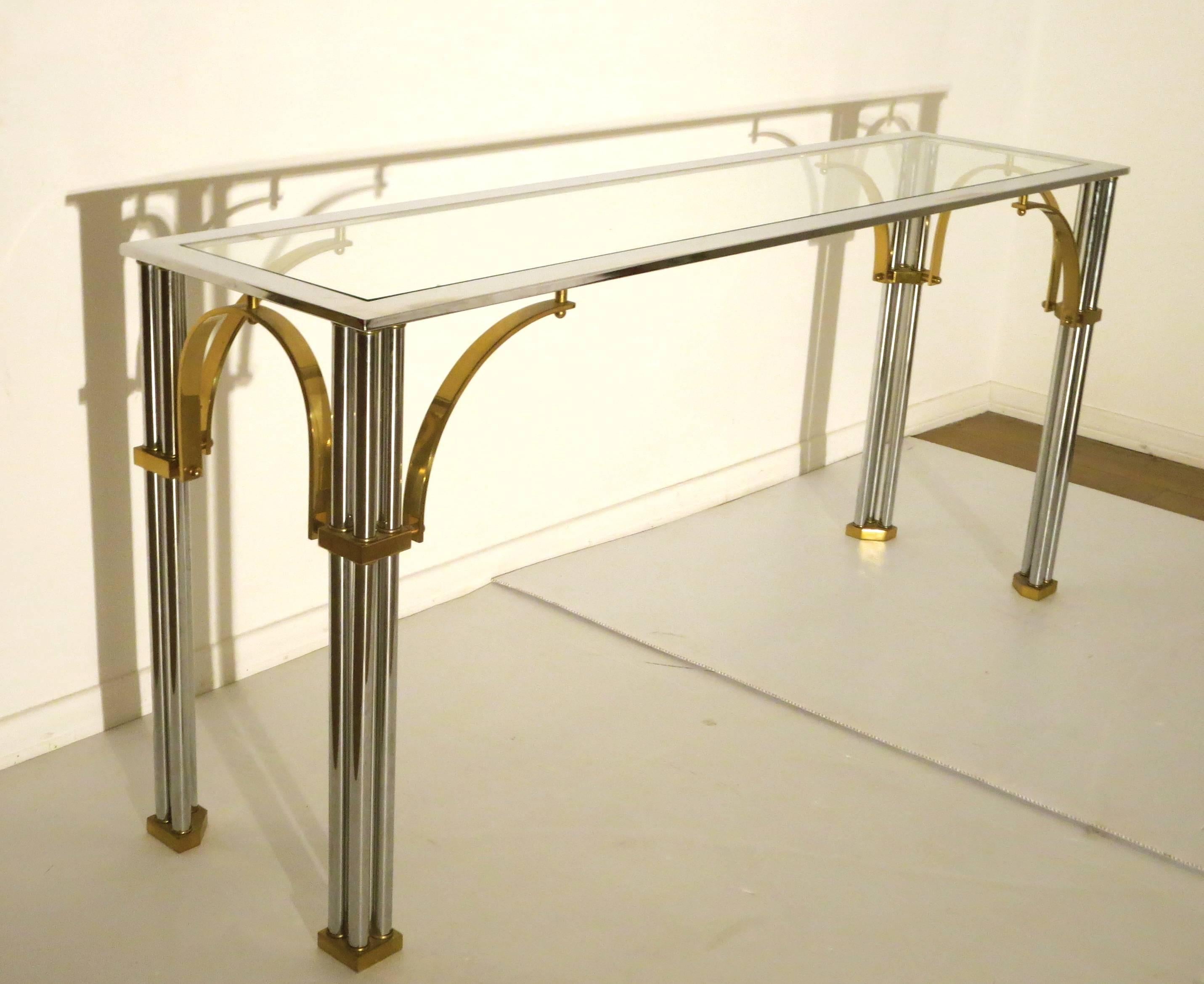 Hollywood Regency Striking Chrome and Brass with Glass Top Console or Sofa Table by Milo Baughman
