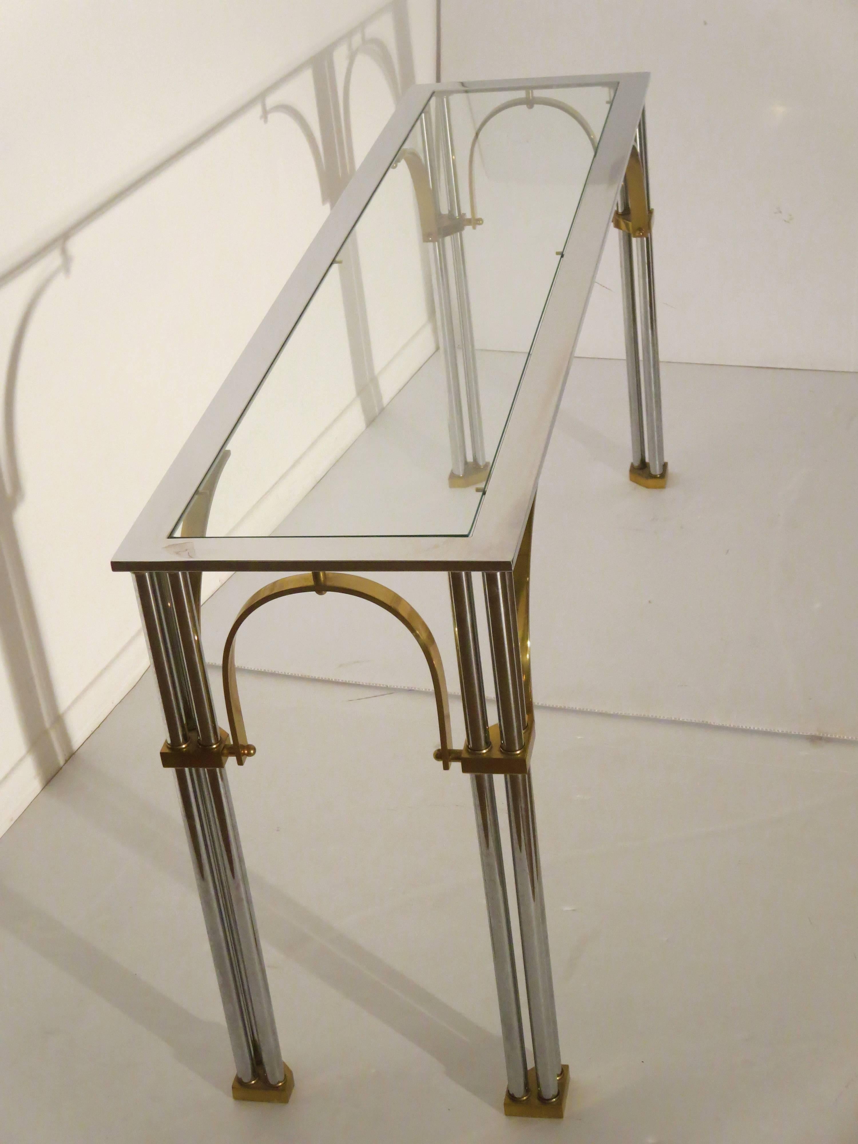 Striking Chrome and Brass with Glass Top Console or Sofa Table by Milo Baughman 1