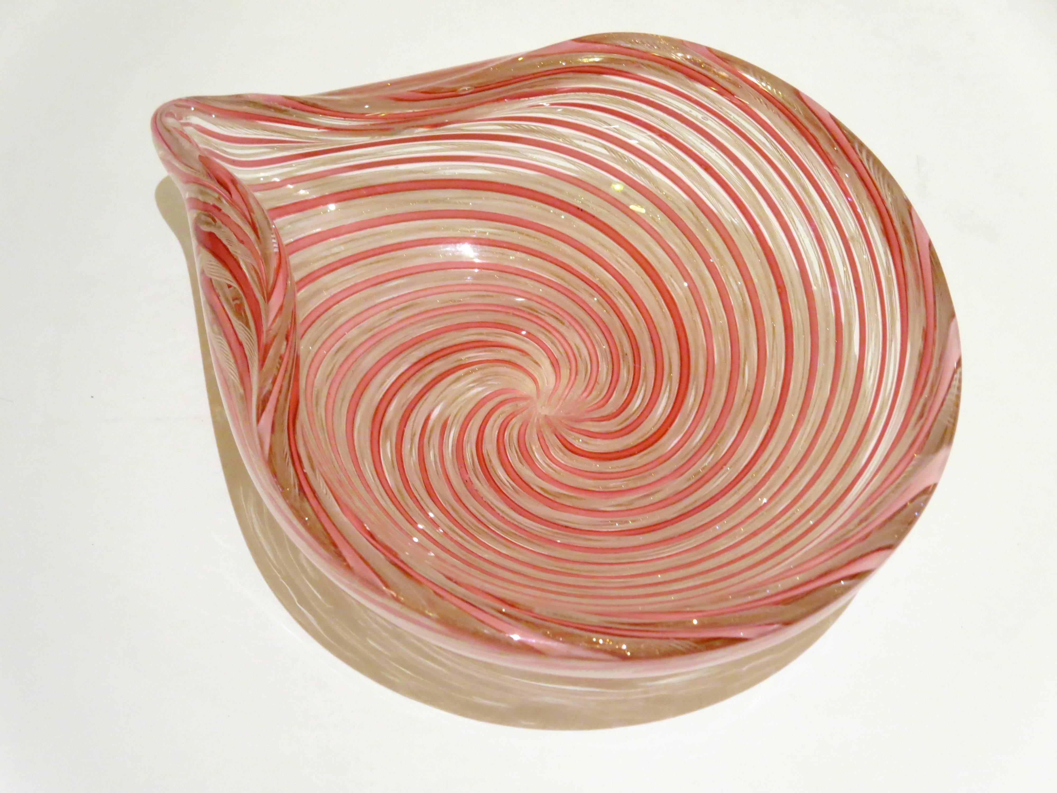 Beautiful Italian blown glass bowl, nice swirl in red pink and sparkles of gold, excellent condition no chips or cracks.