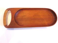 1950s Solid Teak Danish Modern Rare Serving Tray with Cane Handle