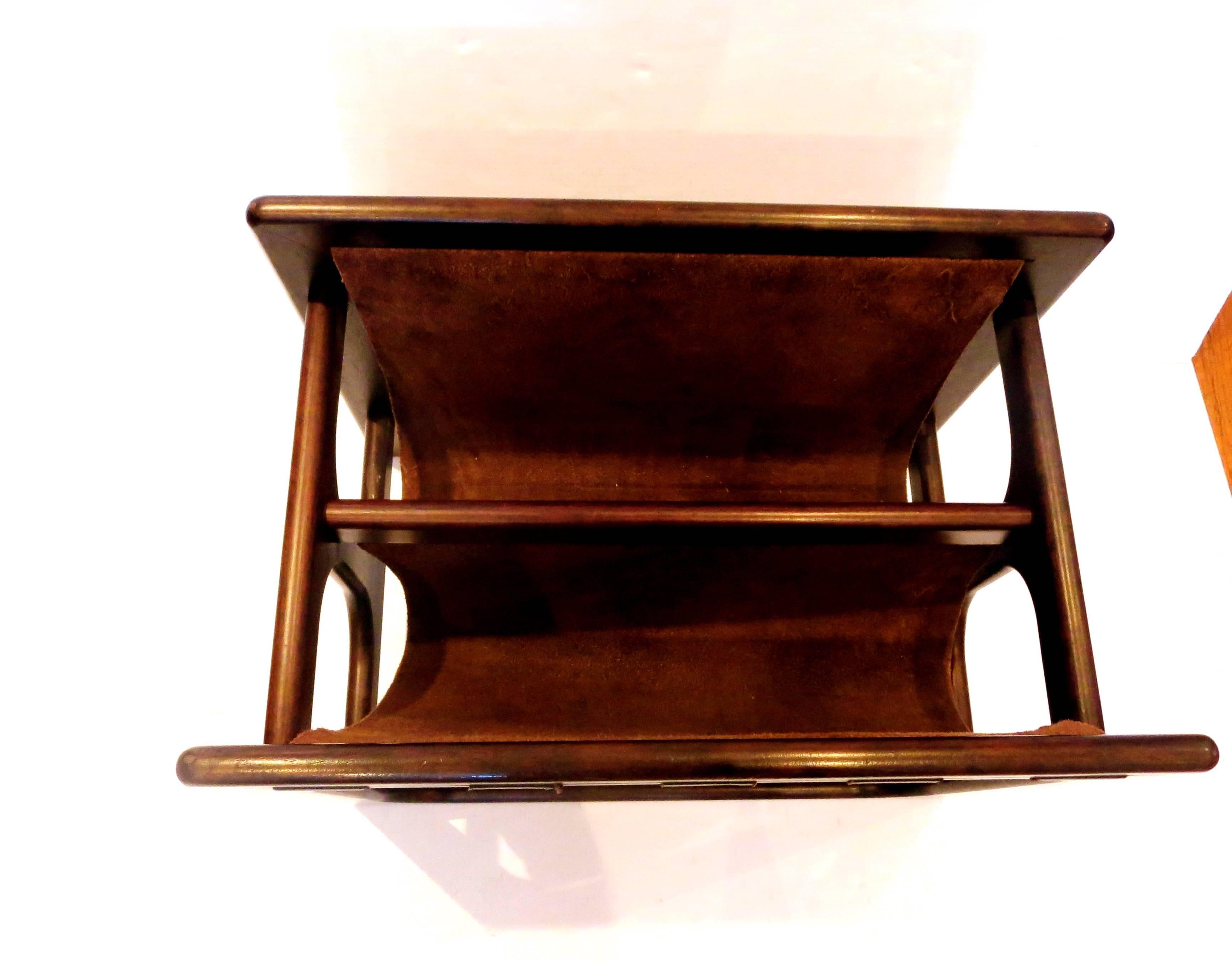 Danish Modern Rare Leather and Rosewood Sculpted Double Magazine Rack In Excellent Condition In San Diego, CA