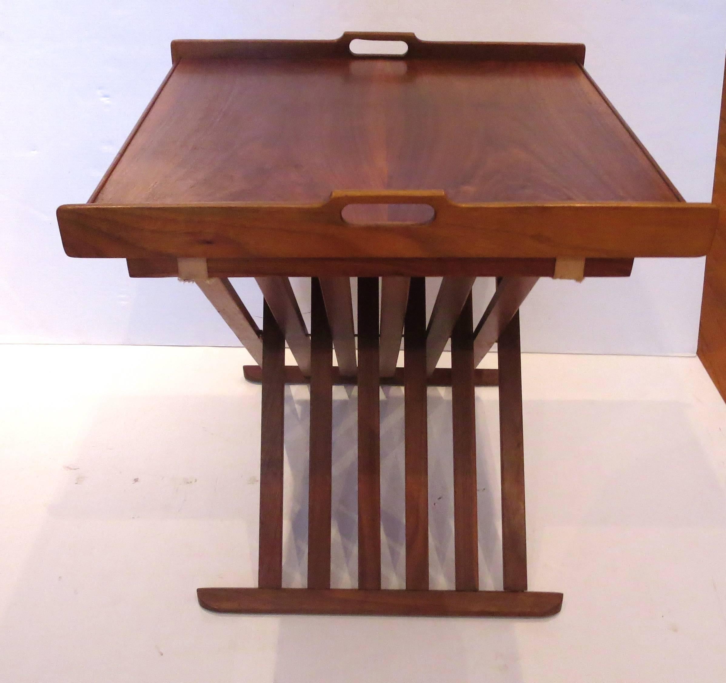 1950s American Modern Mid-Century Campaign Style Walnut Folding Table In Good Condition In San Diego, CA