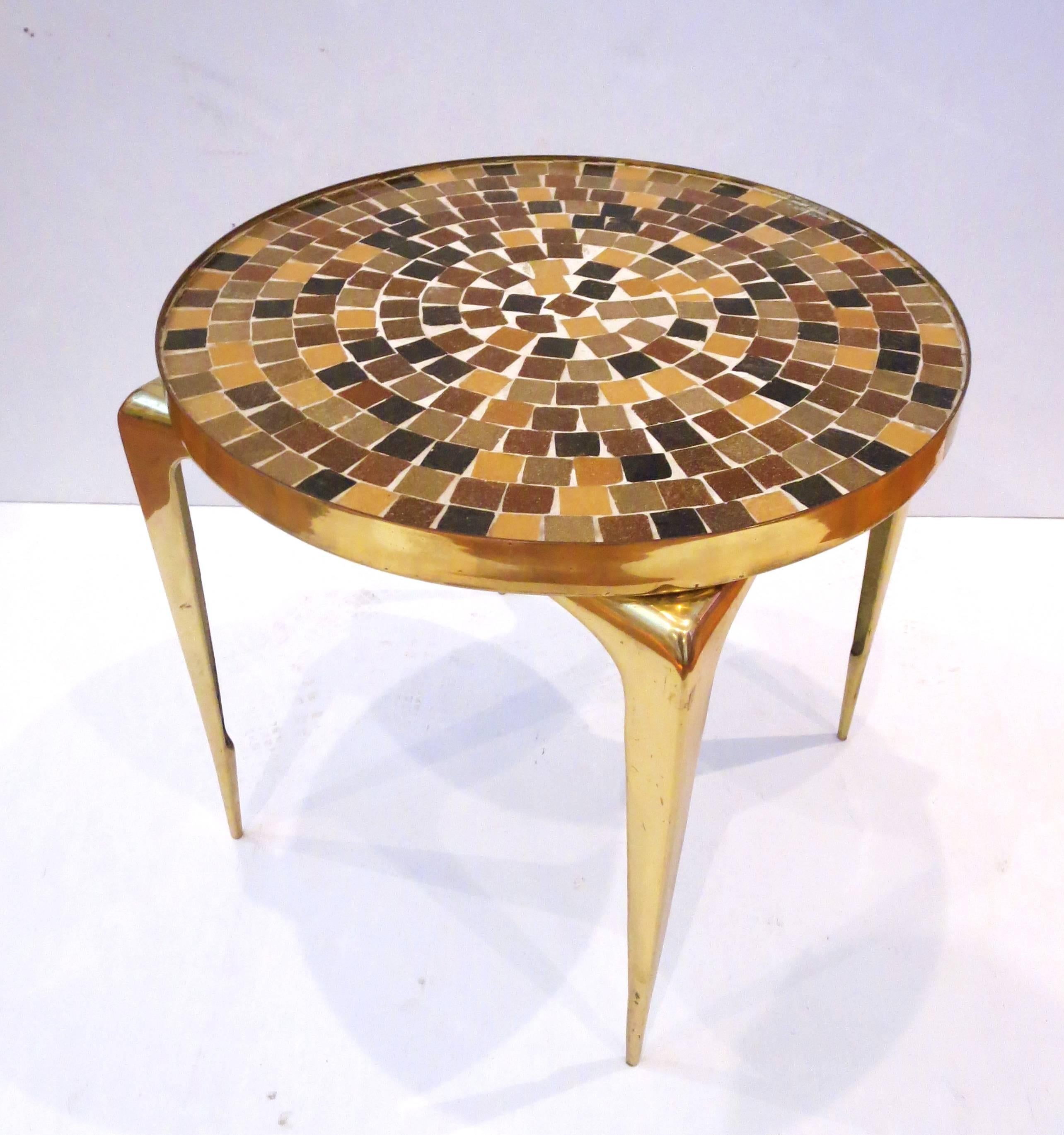 Japanese 1950s Italian Mid-Century Modern Brass and Mosaic/Tile Top Small Cocktail Table